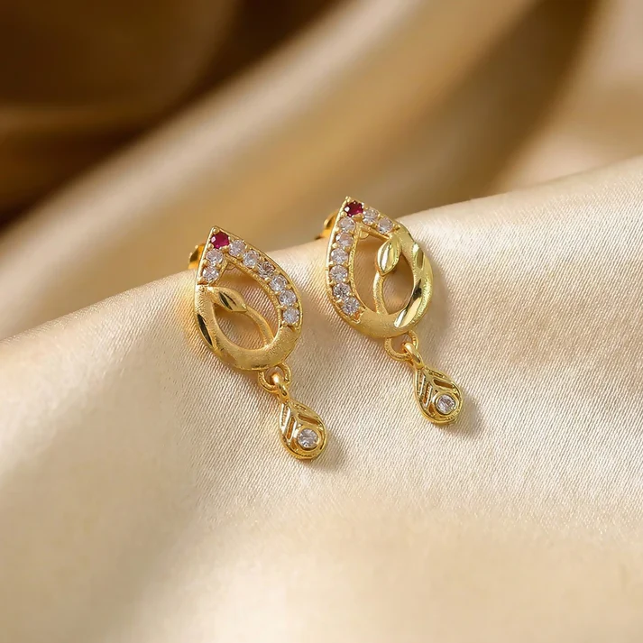 Teardrop Shape Gold Earrings with Ruby Detailing & Crystal Drops - Image 4