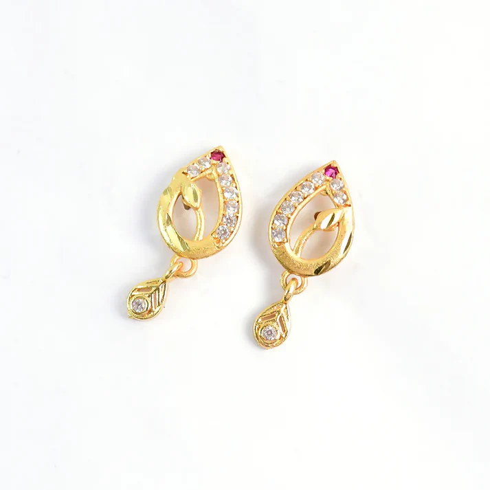 Teardrop Shape Gold Earrings with Ruby Detailing & Crystal Drops - Image 5
