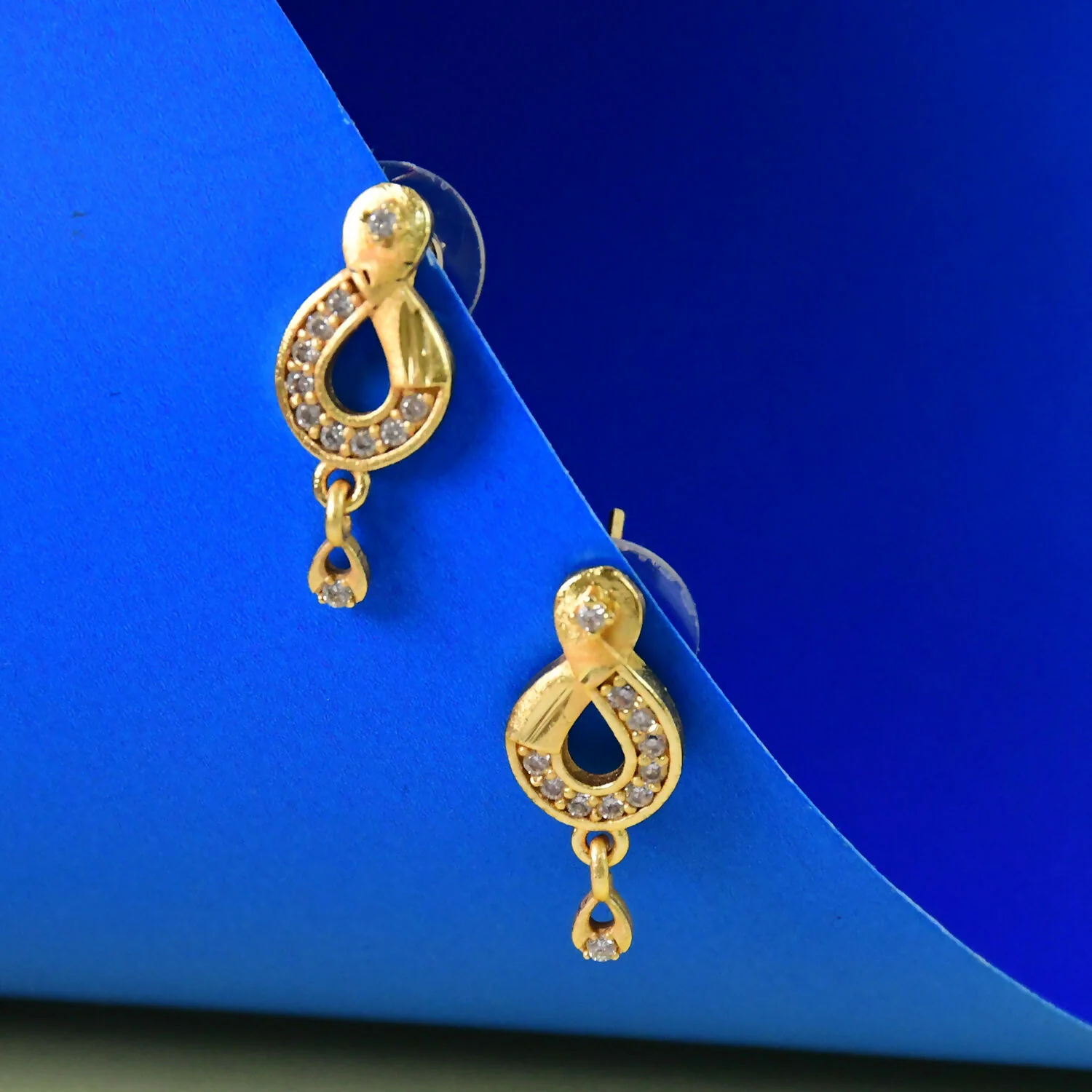 Teardrop Shaped Stud Earrings with Crystal Inlay and Hanging Charm - Image 3