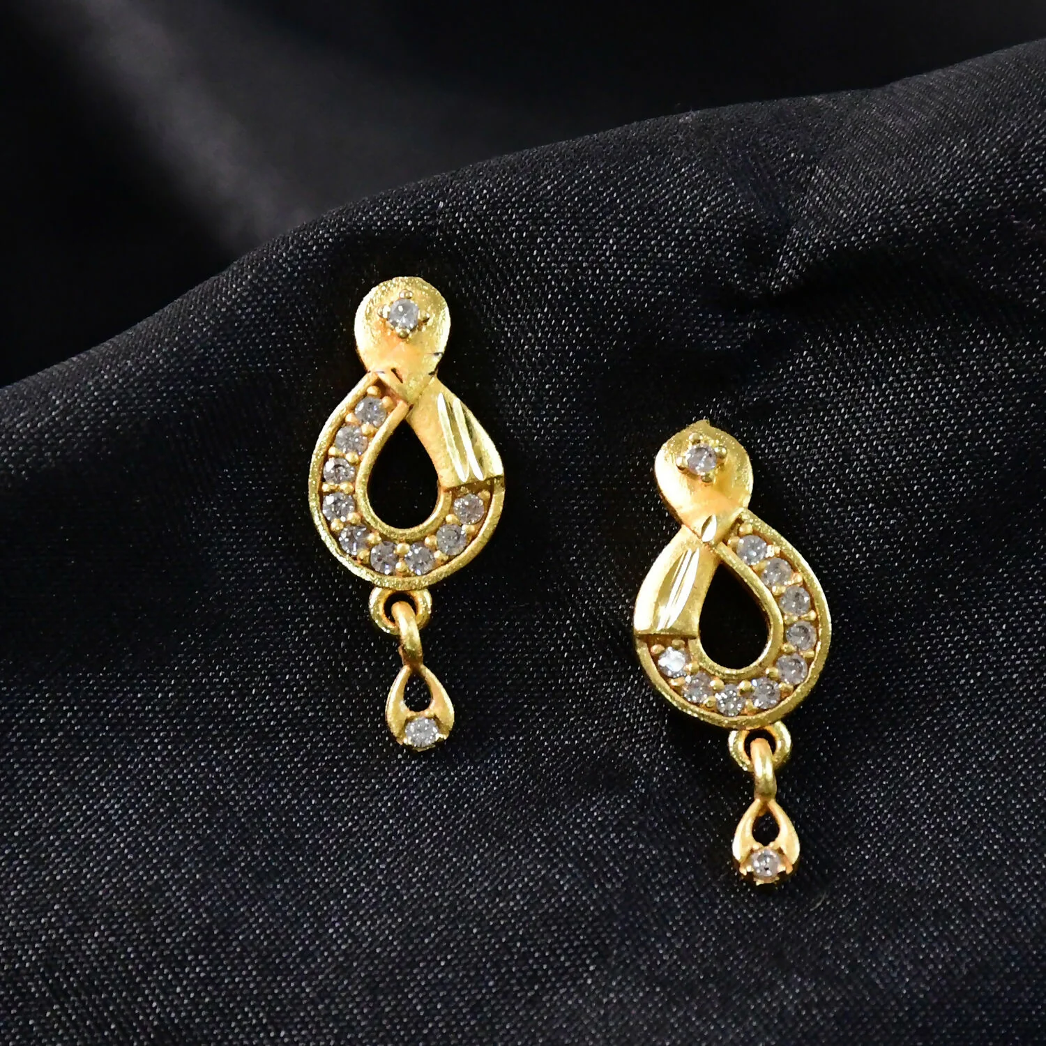 Teardrop Shaped Stud Earrings with Crystal Inlay and Hanging Charm - Image 4