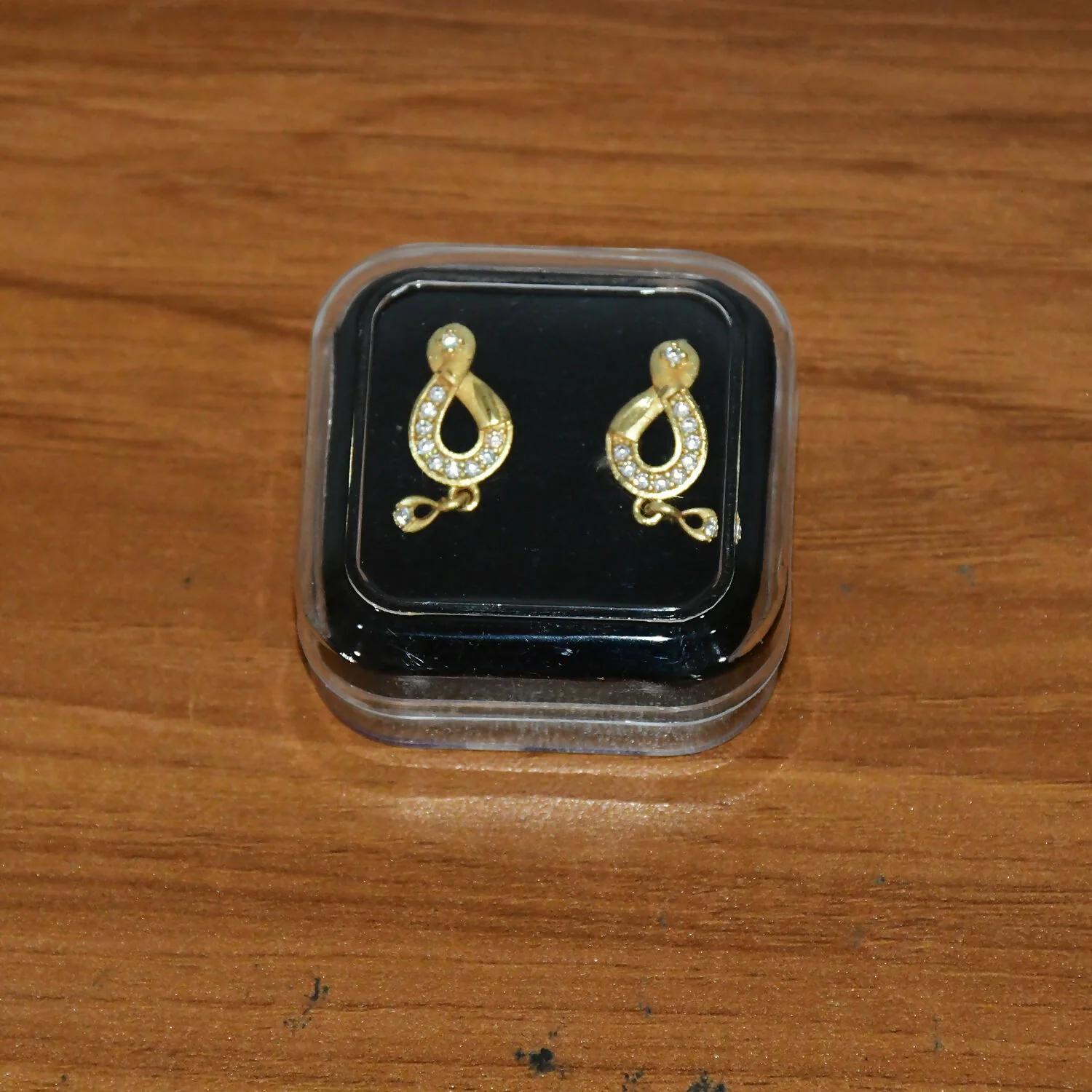 Teardrop Shaped Stud Earrings with Crystal Inlay and Hanging Charm - Image 6