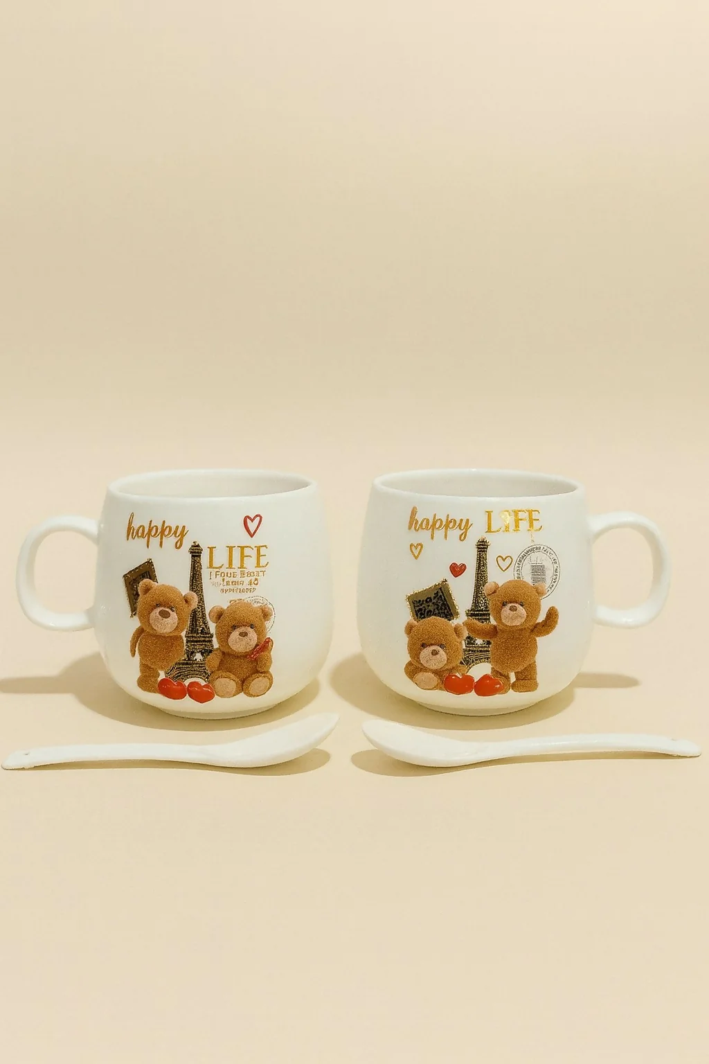 Teddy Bear Couple Ceramic Mug Set with Spoons – Gift for Couples - Image 3