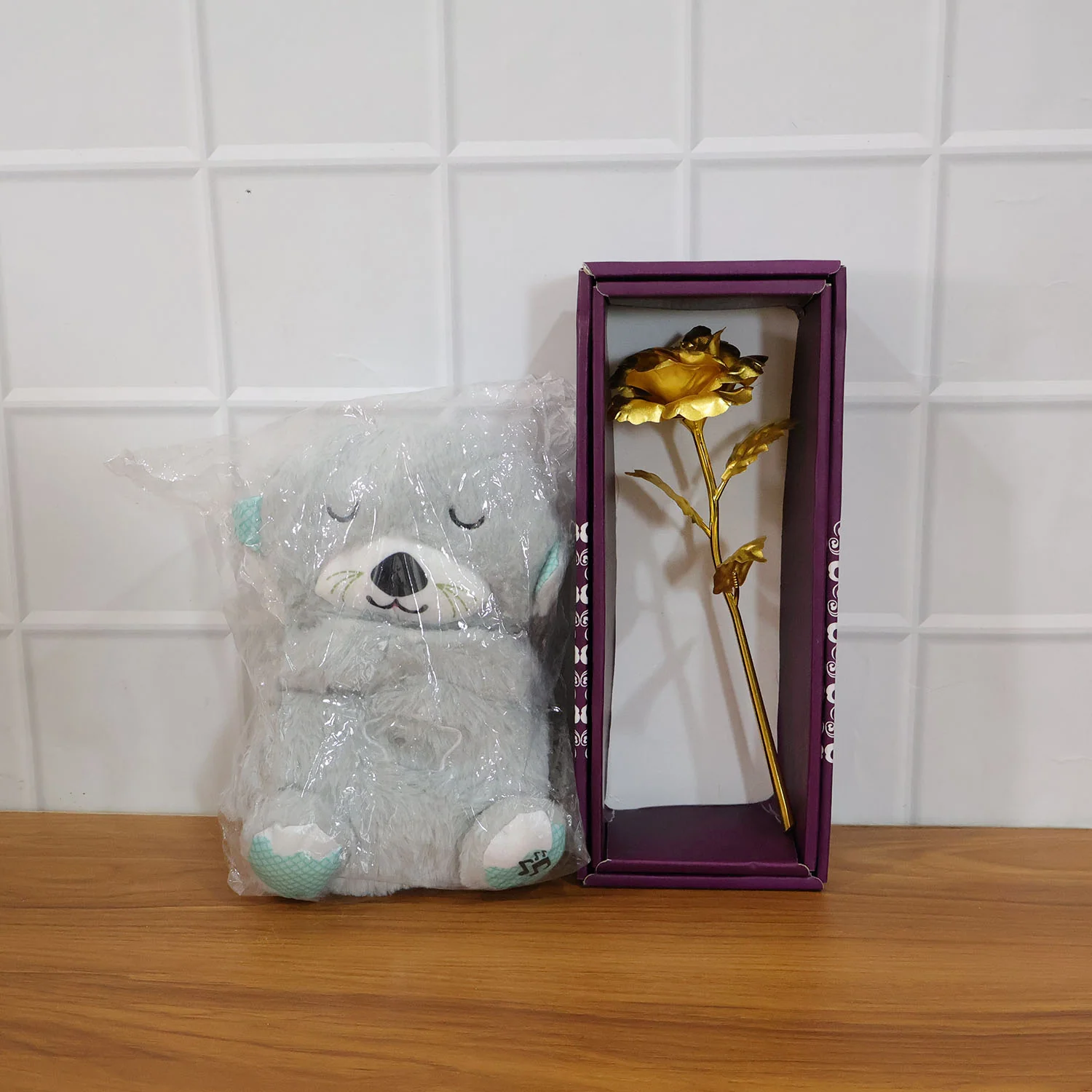 Teddy Bear with Artificial Golden Rose Flower Gift Set (2 Pc) - Image 7