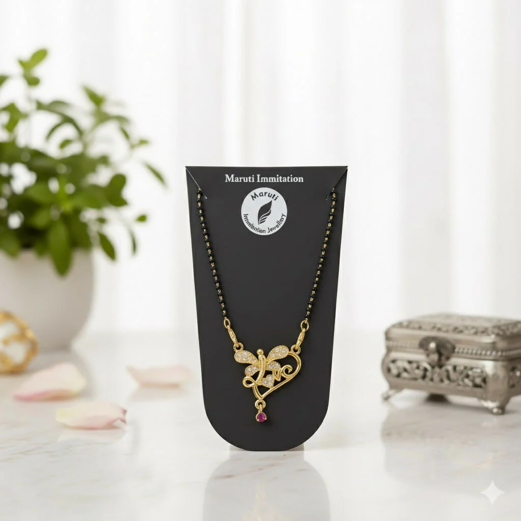 Butterfly Design Gold-Tone Mangalsutra with Sparkling Stones & Pink Dangler - Image 2