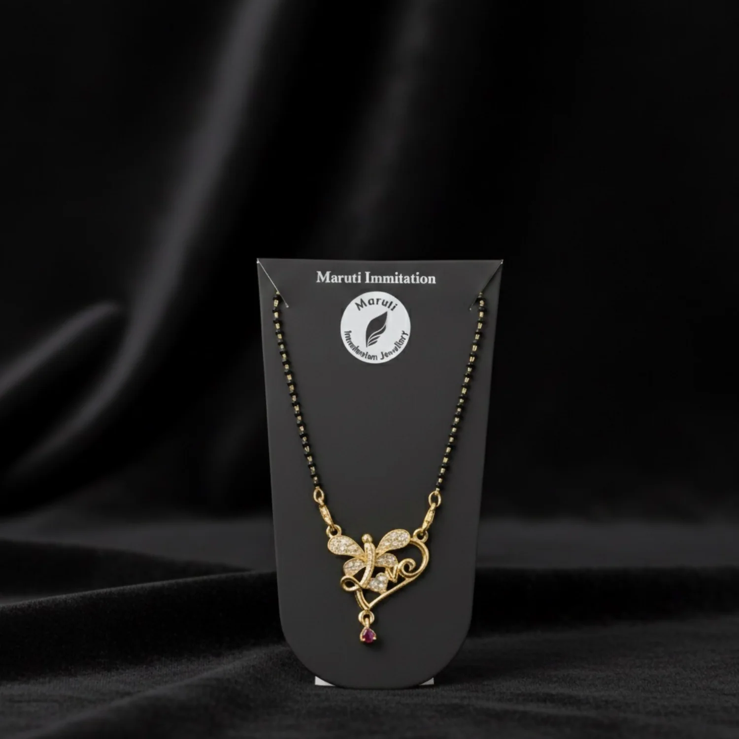 Butterfly Design Gold-Tone Mangalsutra with Sparkling Stones & Pink Dangler - Image 4