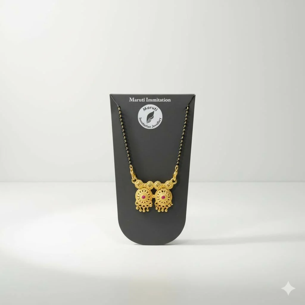 Traditional Gold-Tone Dual Pendant Mangalsutra – Elegant Black Bead Chain - Image 2