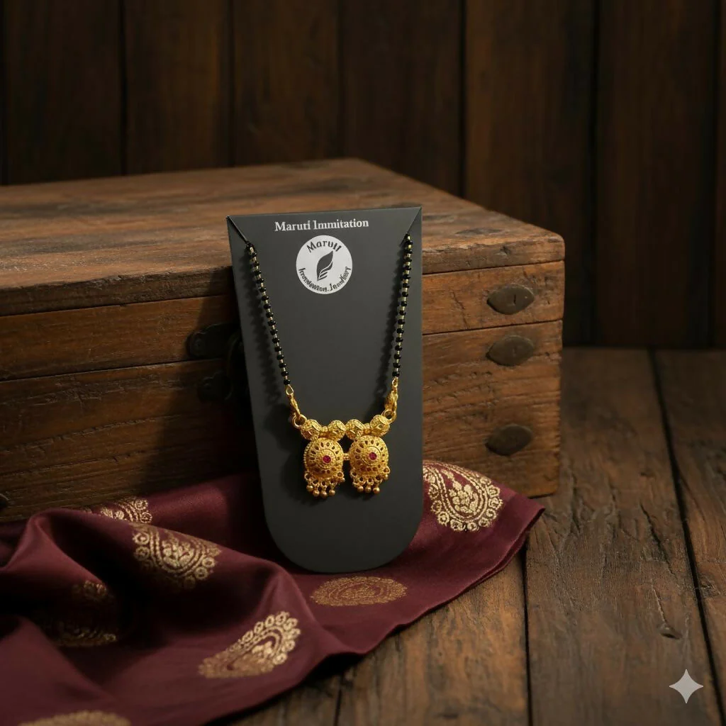 Traditional Gold-Tone Dual Pendant Mangalsutra – Elegant Black Bead Chain - Image 3