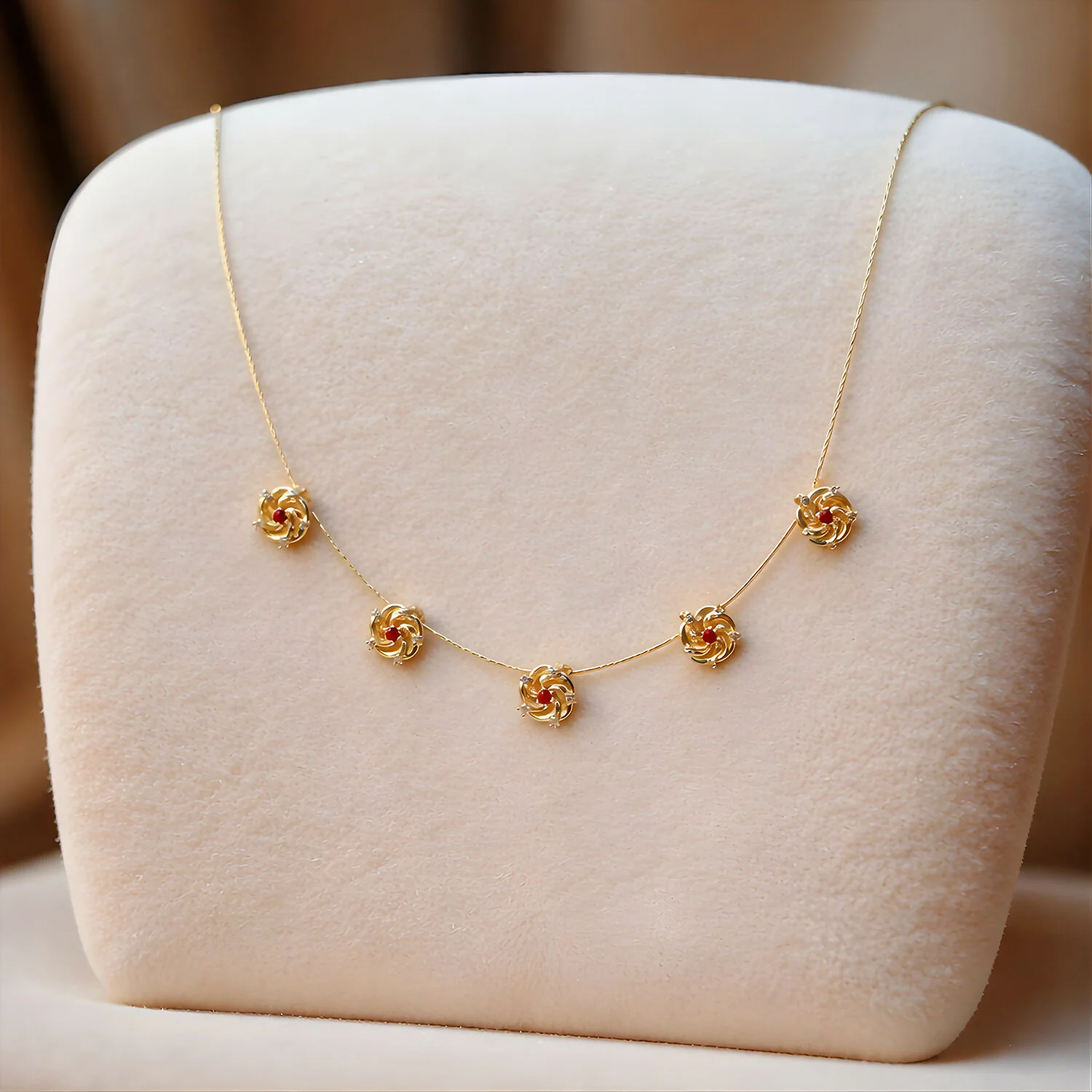 Ruby Floral Swirl Station Necklace with Diamond Detailing and Elegant Finish - Image 3