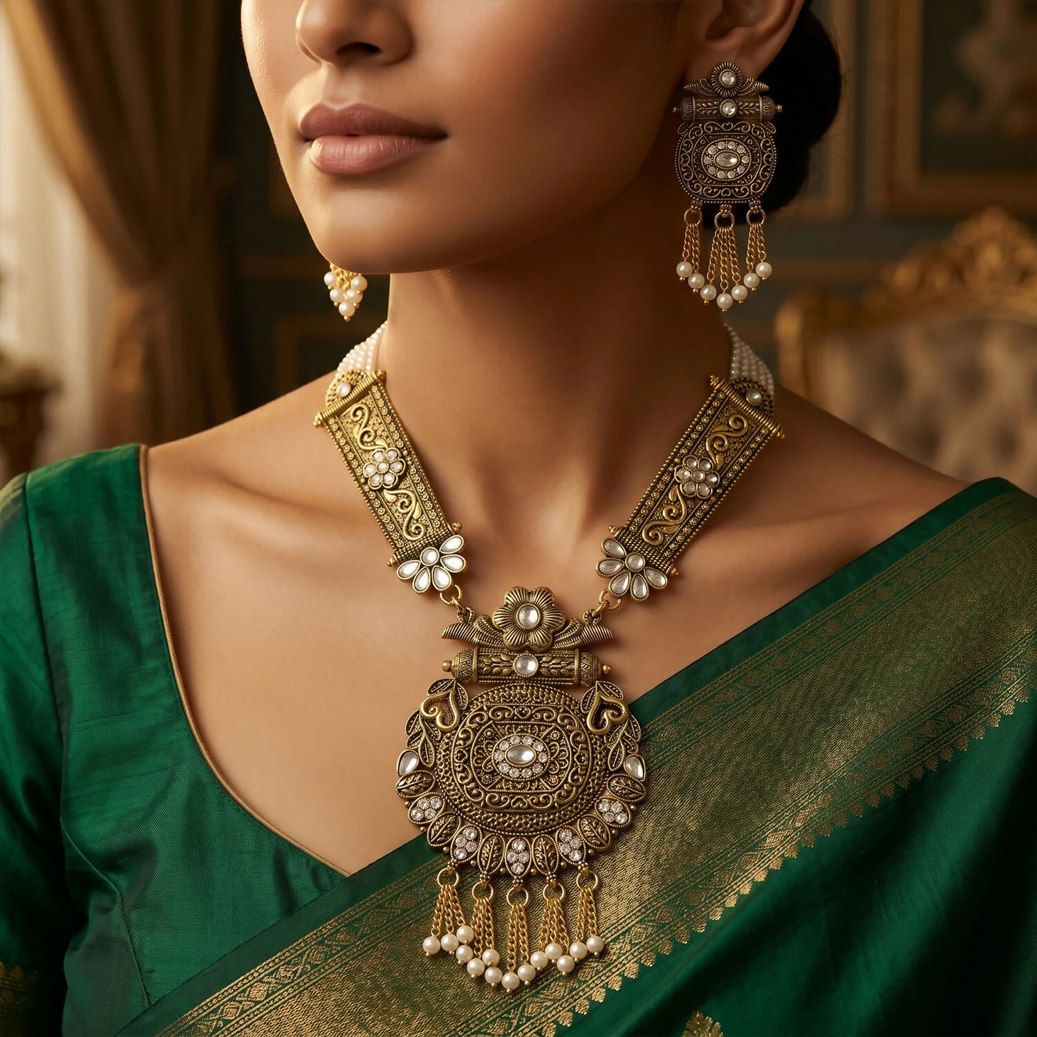 Timeless Gold Necklace Set with Pearls and Matching Earrings for Special Occasions - Image 2