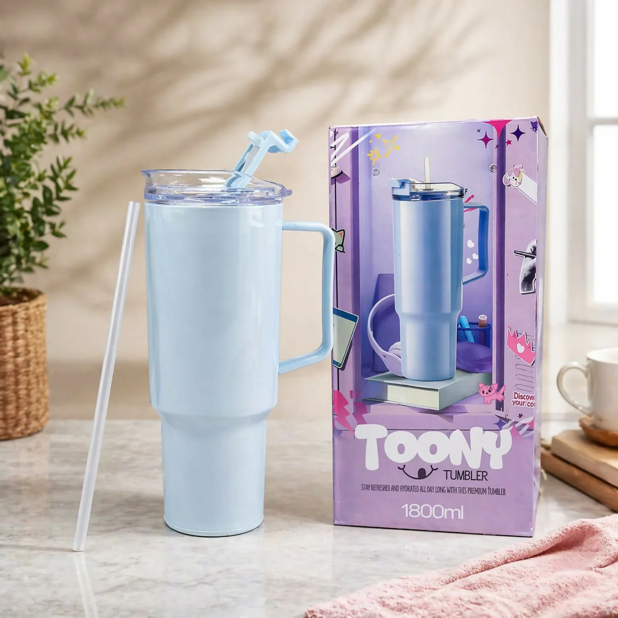 Toony Tumbler 1800ml - Insulated Travel Mug with Handle & Straw | BPA Free, Leak-Proof & Large Capacity Coffee Cup - Image 7