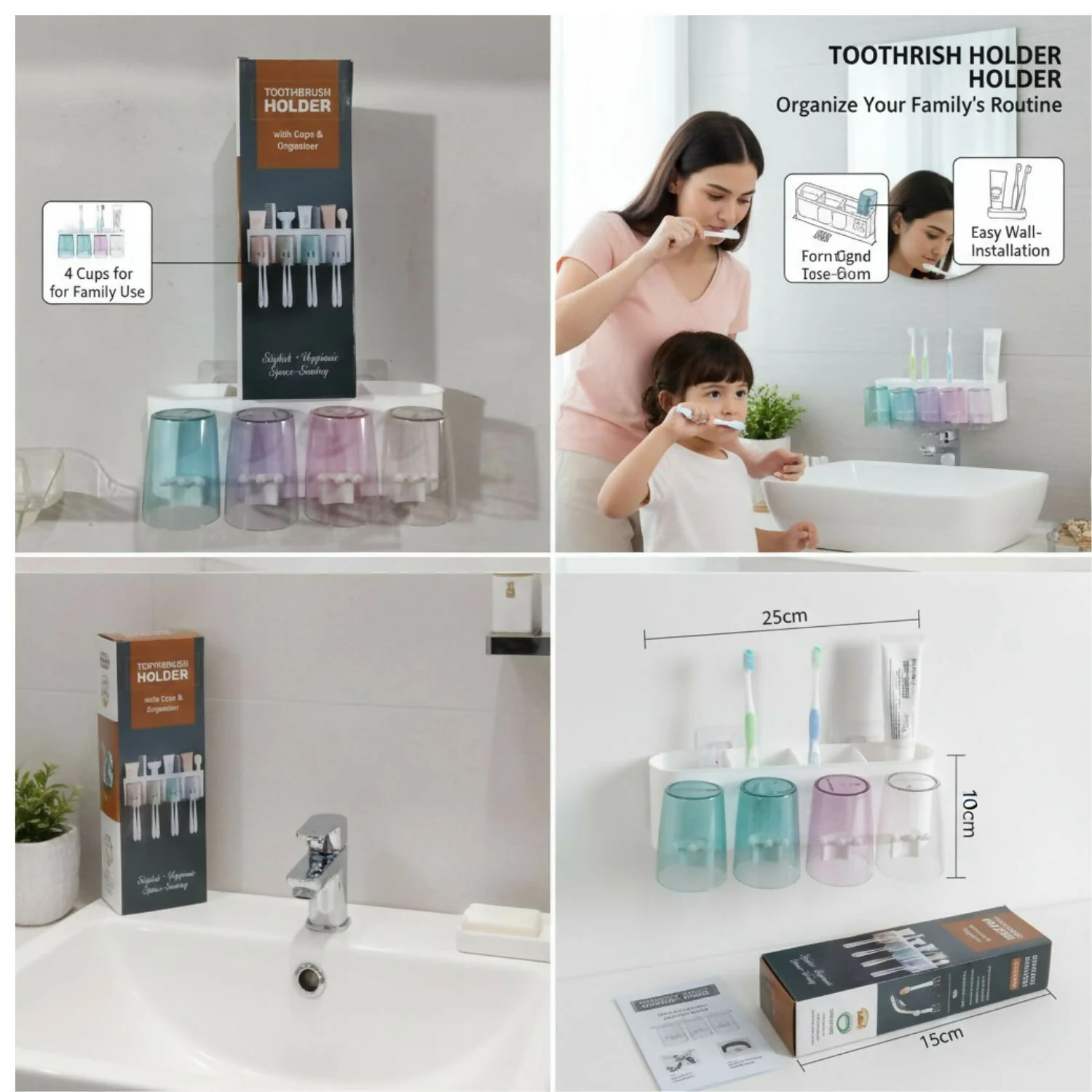 Toothbrush Holders & Storage Rack with 4 Cute Cartoon Cups - Image 3