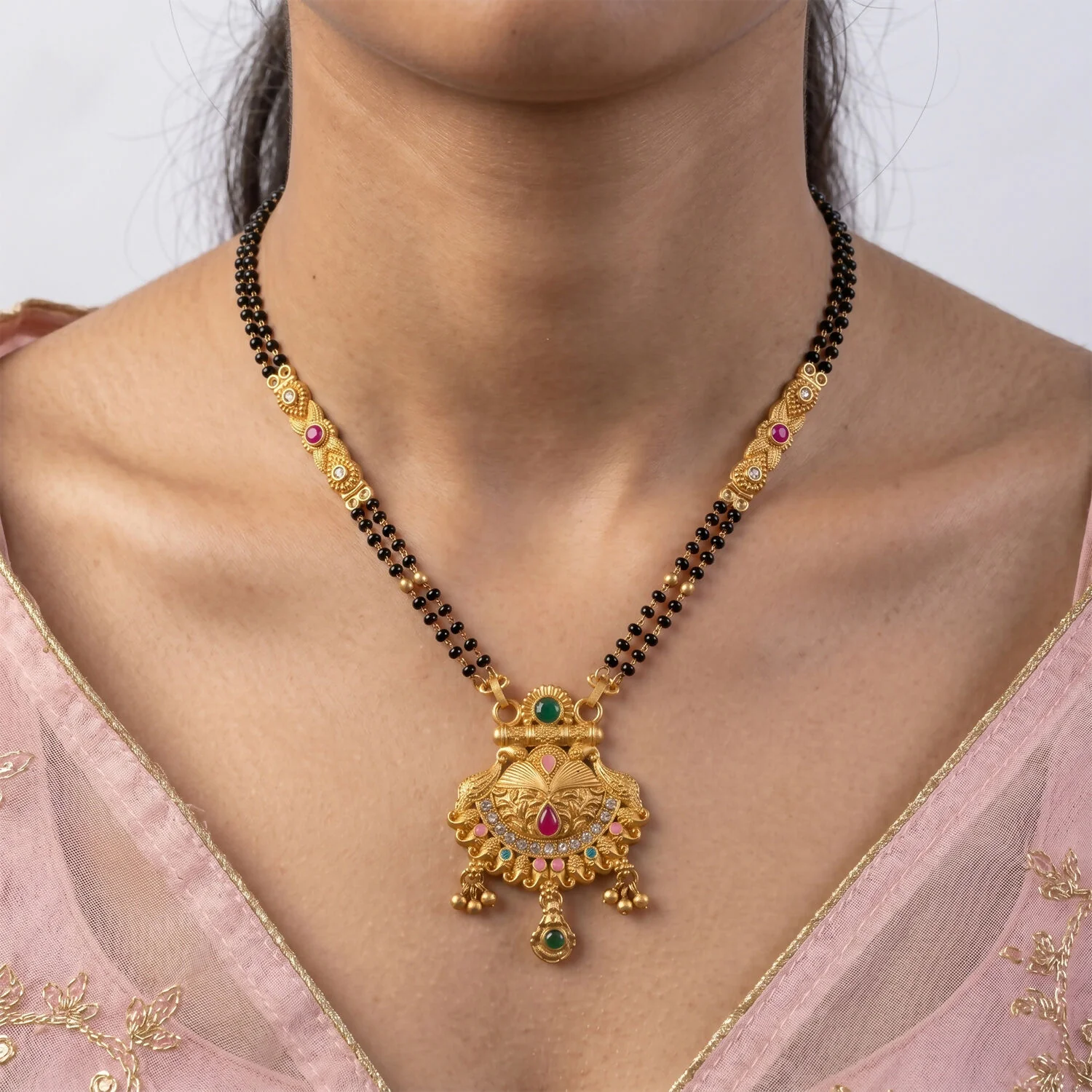 Tortoise Shell Temple Pendant with Emerald Crown & CZ Crescent Double Strand Mangalsutra - Image 2