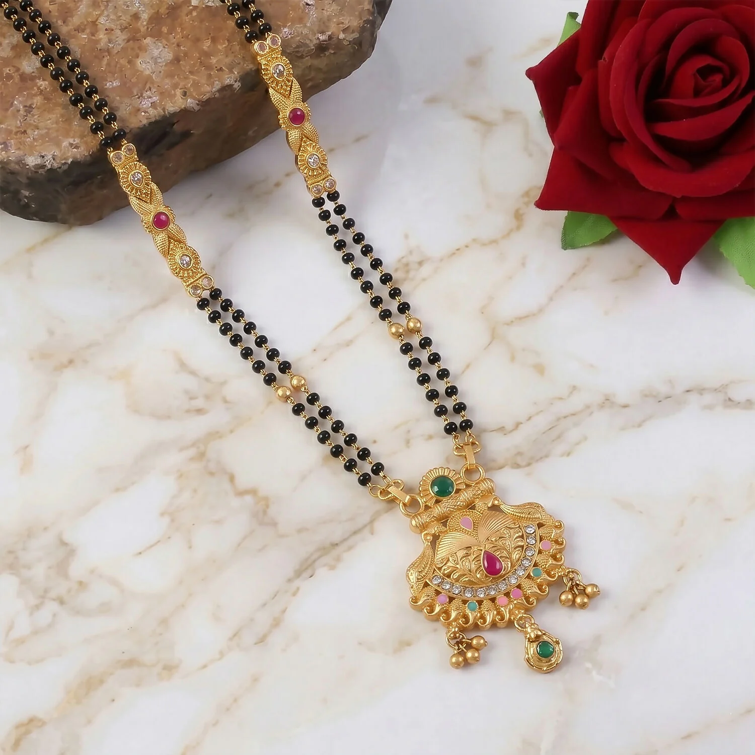 Tortoise Shell Temple Pendant with Emerald Crown & CZ Crescent Double Strand Mangalsutra - Image 4