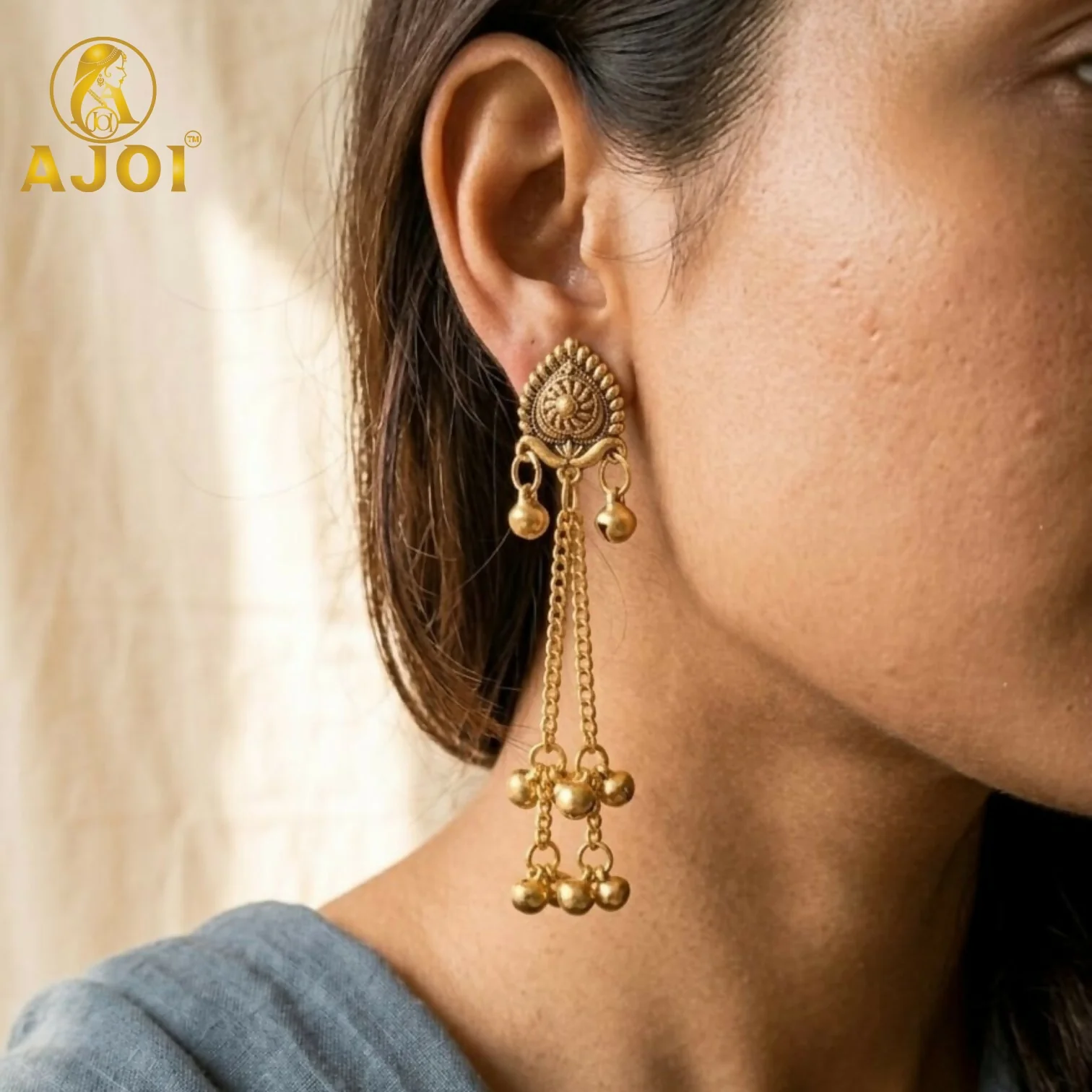 Traditional Antique Gold Chain Drop Earrings - Image 2