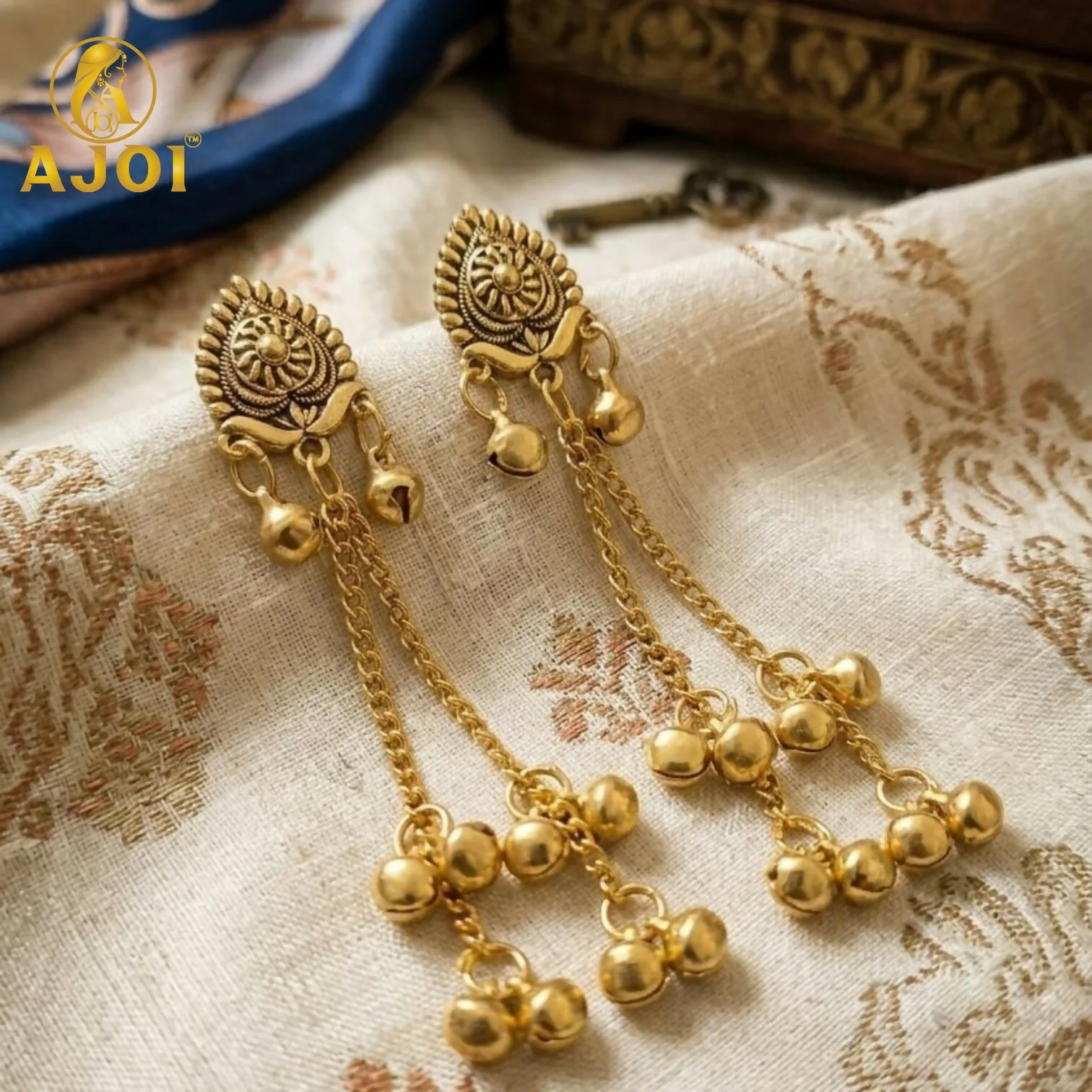 Traditional Antique Gold Chain Drop Earrings - Image 3