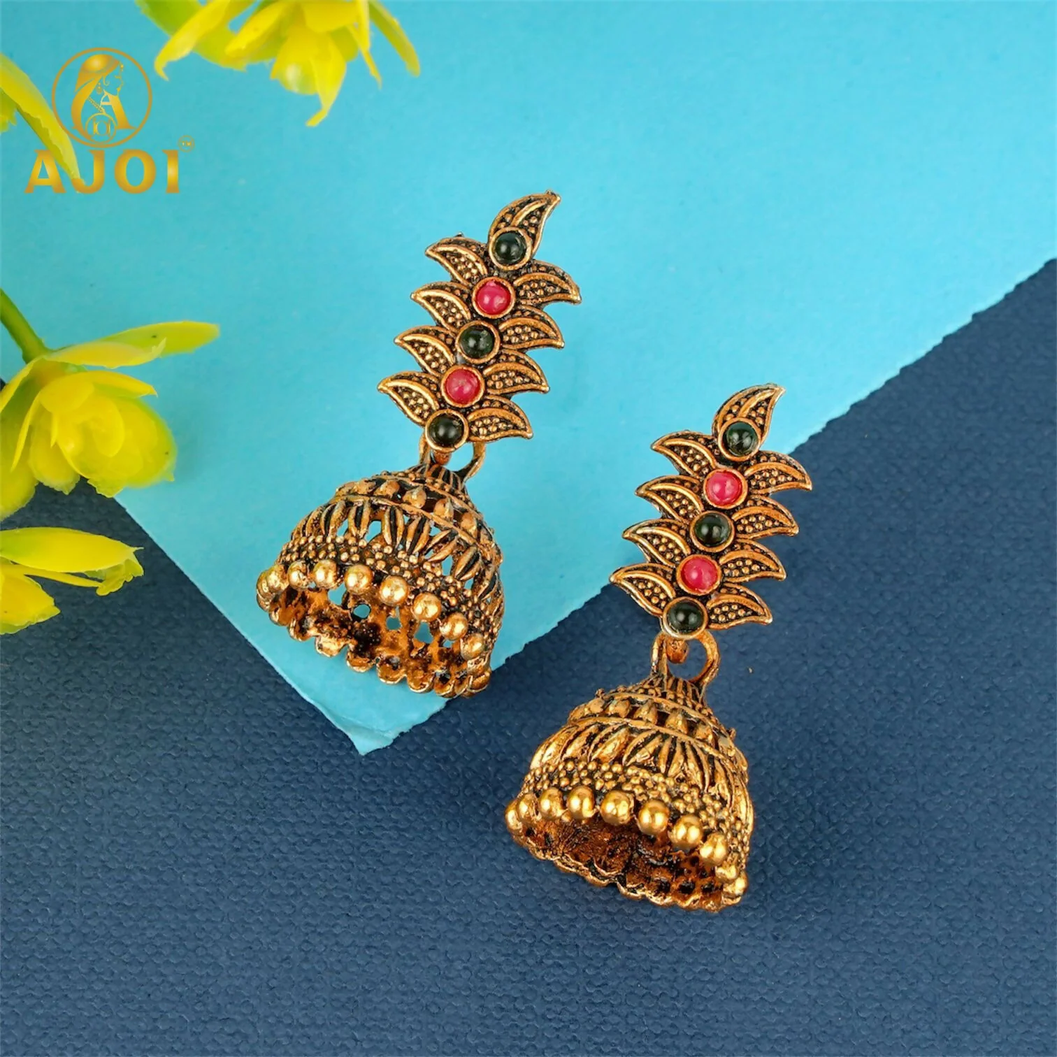 Traditional Antique Gold-Plated Temple Jhumka Earrings Combo Set for Women & Girls (Set of 5) - Image 3
