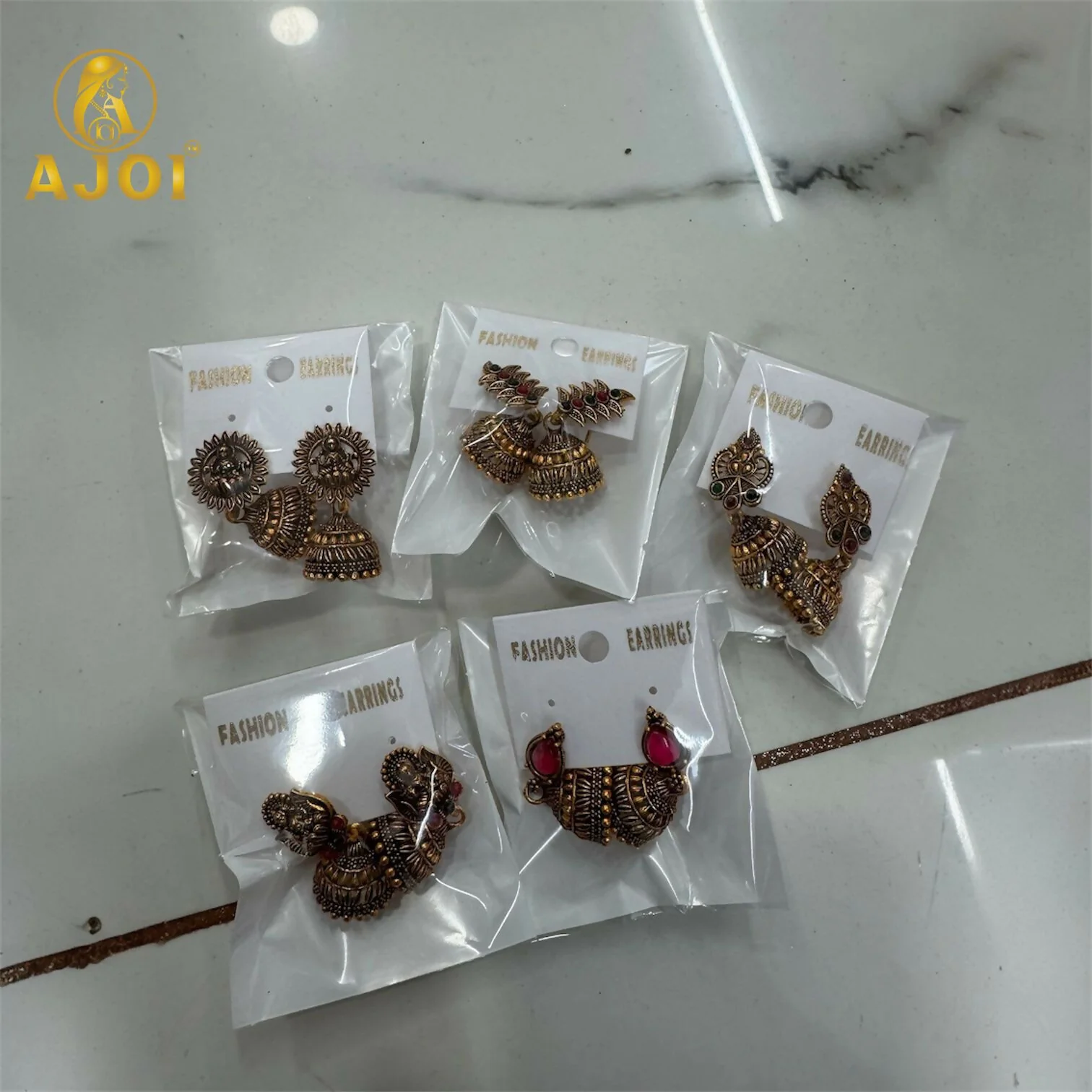 Traditional Antique Gold-Plated Temple Jhumka Earrings Combo Set for Women & Girls (Set of 5) - Image 5