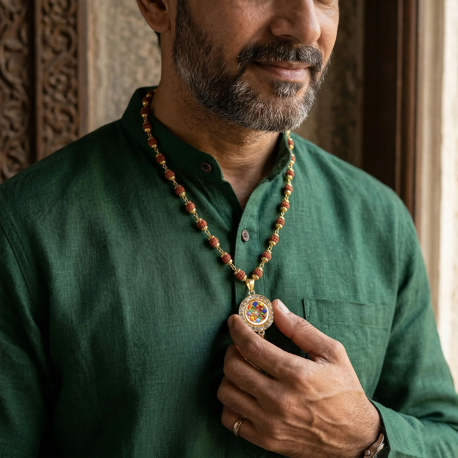 Traditional Beaded Rudraksha Necklace & Bracelet Set with Pendant - Image 3