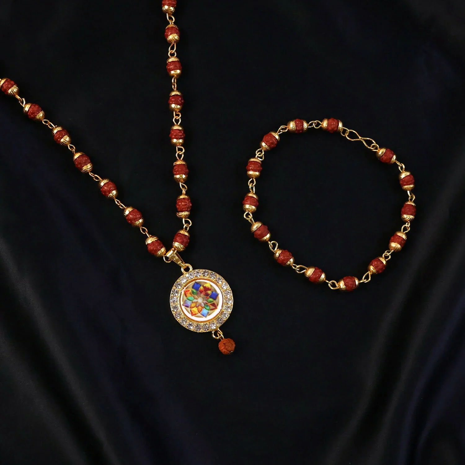 Traditional Beaded Rudraksha Necklace & Bracelet Set with Pendant - Image 4