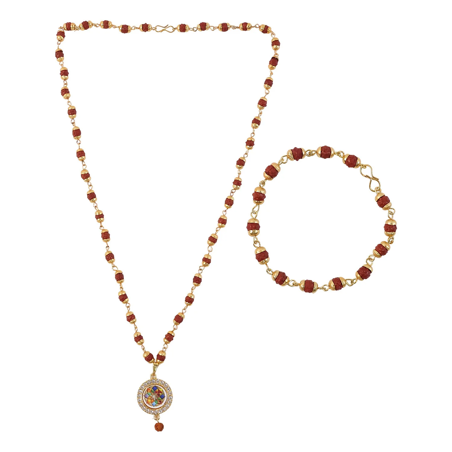Traditional Beaded Rudraksha Necklace & Bracelet Set with Pendant - Image 5