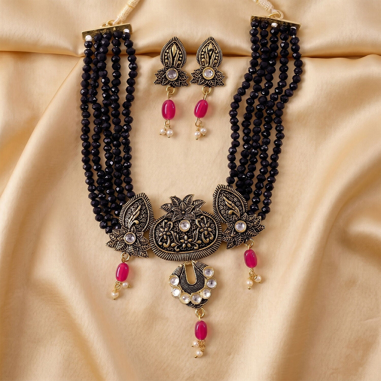 Traditional Black Beaded Designer Necklace Set with Earrings Ethnic Adjustable Thread Jewelry Set - Image 3
