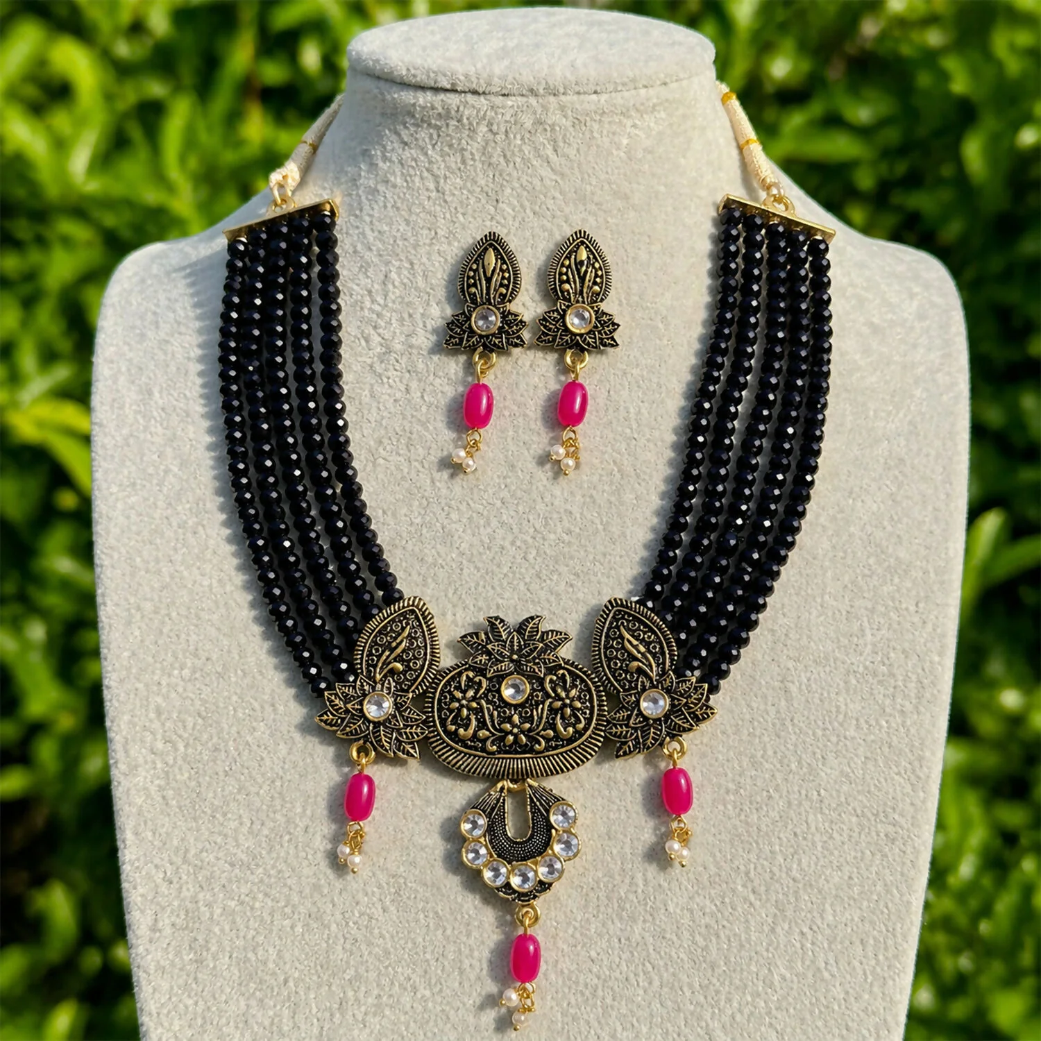 Traditional Black Beaded Designer Necklace Set with Earrings Ethnic Adjustable Thread Jewelry Set - Image 4