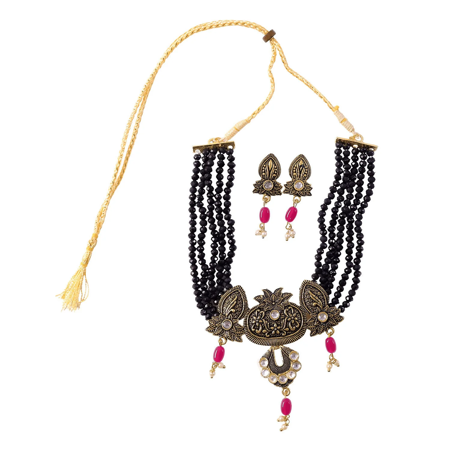 Traditional Black Beaded Designer Necklace Set with Earrings Ethnic Adjustable Thread Jewelry Set - Image 5