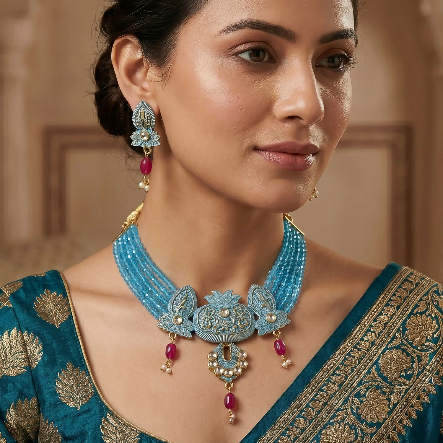 Traditional Sky Beaded Designer Necklace Set with Earrings Ethnic Adjustable Thread Jewelry Set - Image 2