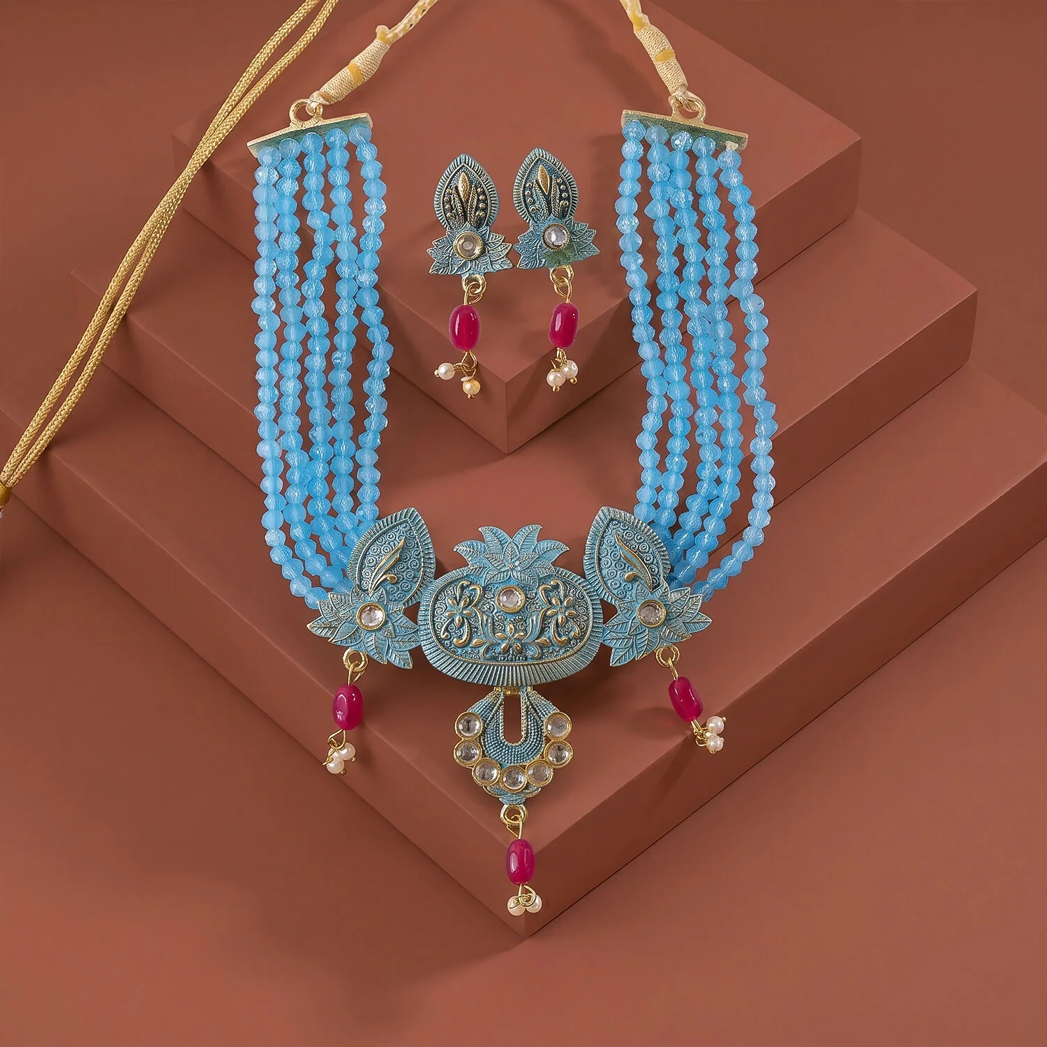 Traditional Sky Beaded Designer Necklace Set with Earrings Ethnic Adjustable Thread Jewelry Set - Image 3