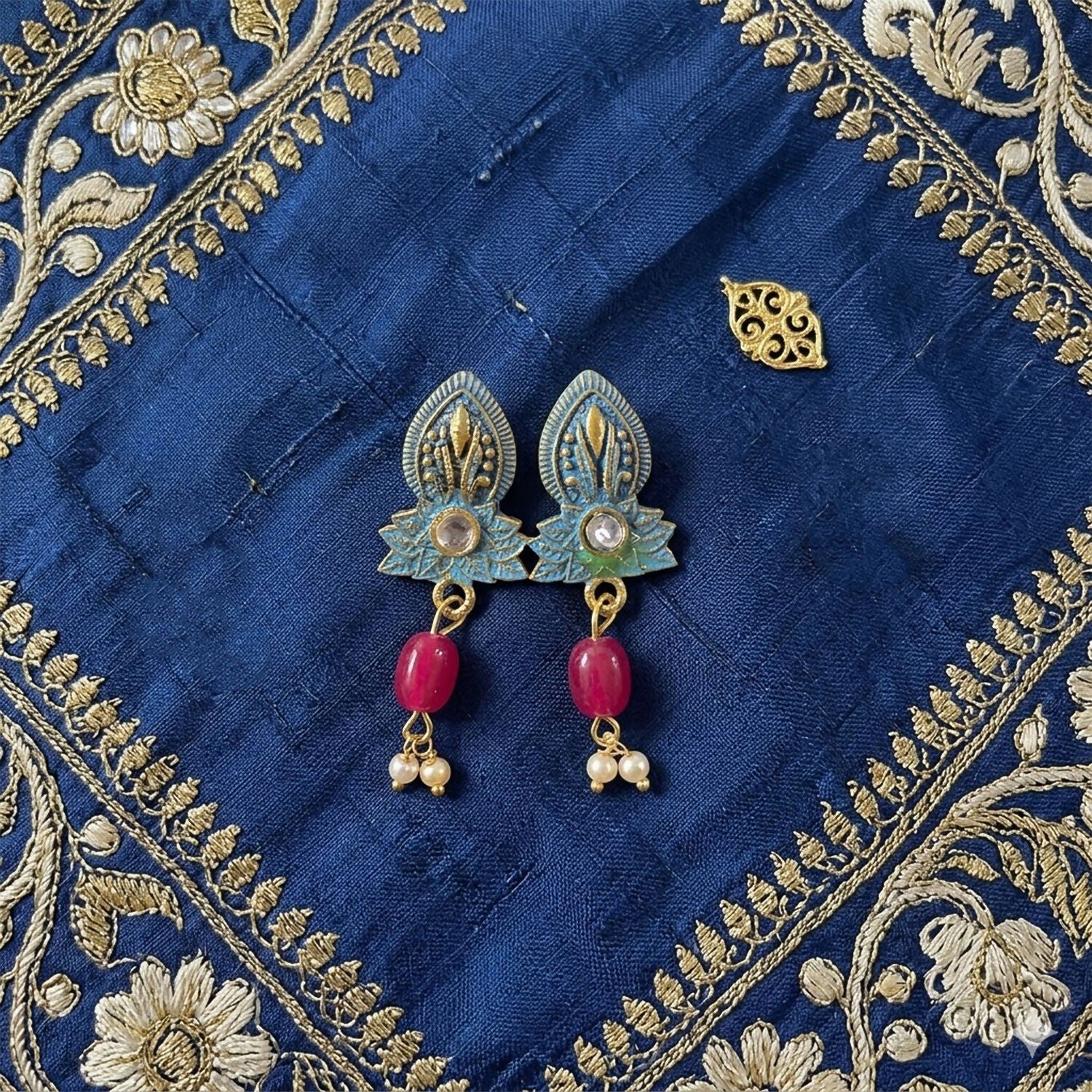 Traditional Sky Beaded Designer Necklace Set with Earrings Ethnic Adjustable Thread Jewelry Set - Image 4