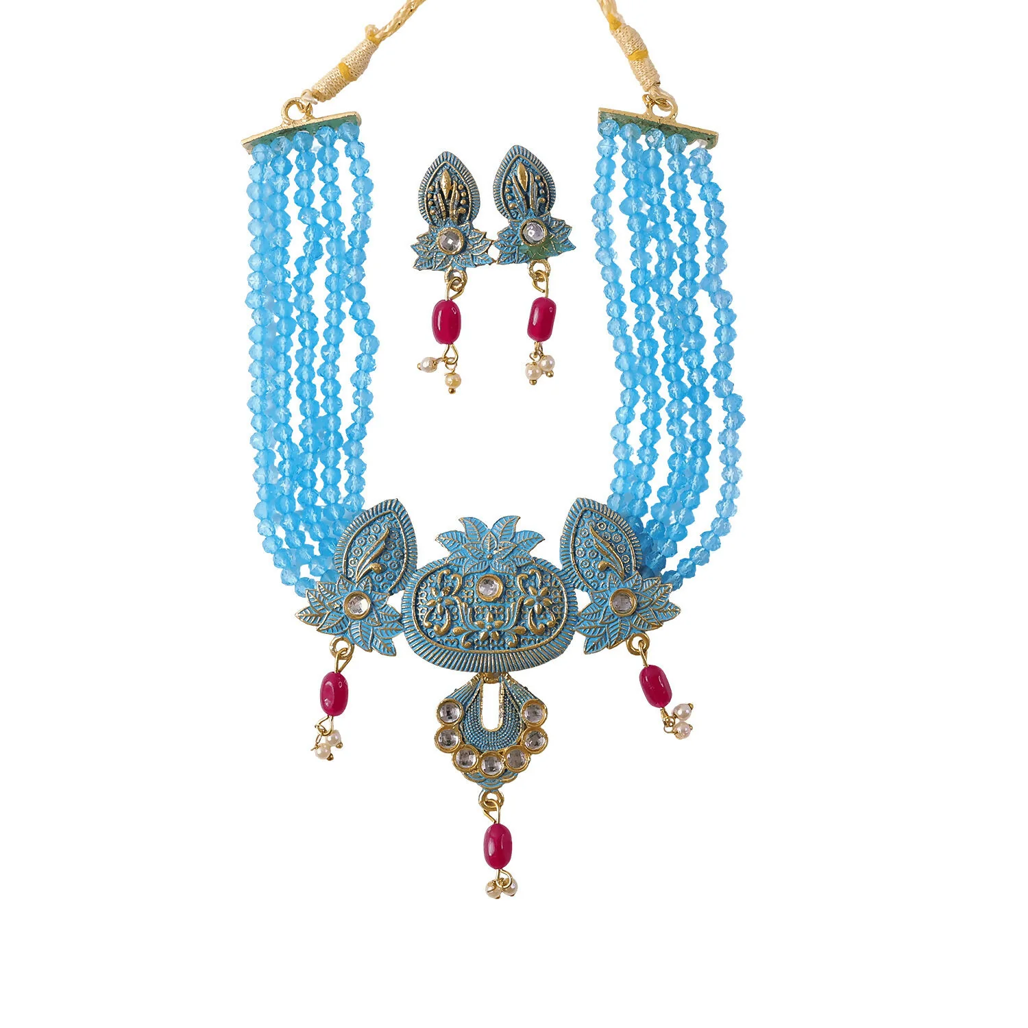 Traditional Sky Beaded Designer Necklace Set with Earrings Ethnic Adjustable Thread Jewelry Set - Image 5