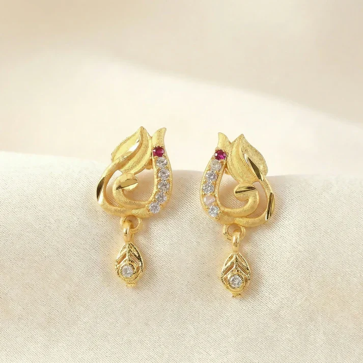 Traditional Curved Leaf Style Gold Stud Earrings With Crystal Detailing And Drop Charm - Image 2