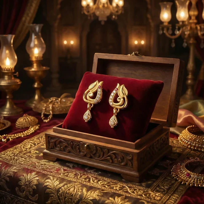 Traditional Curved Leaf Style Gold Stud Earrings With Crystal Detailing And Drop Charm - Image 3