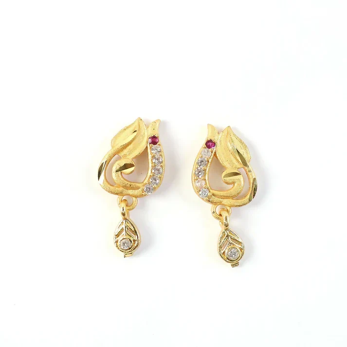 Traditional Curved Leaf Style Gold Stud Earrings With Crystal Detailing And Drop Charm - Image 5