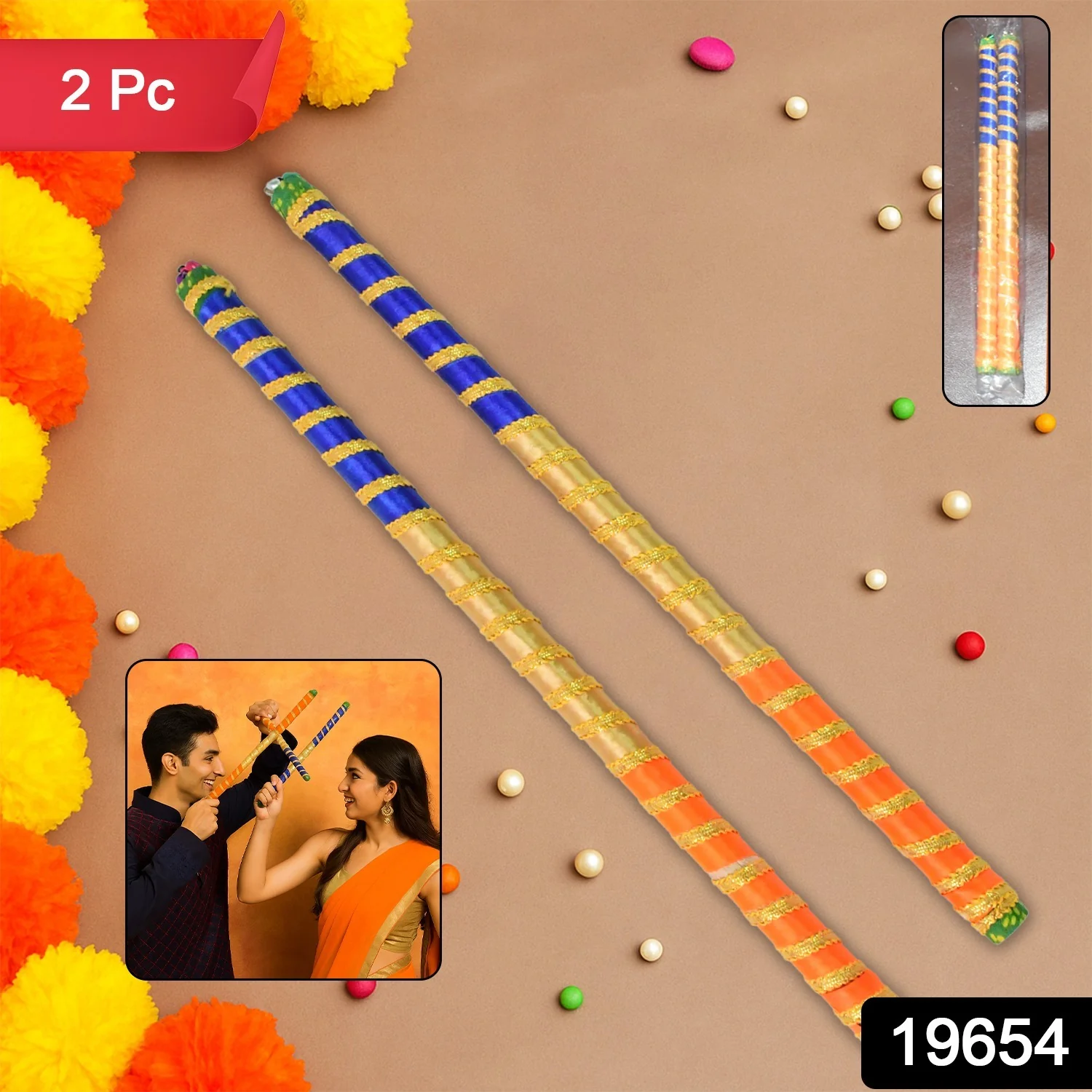 Traditional Decorative Dandiya Sticks Pair for Navratri, Garba (2 Pc) - Image 2