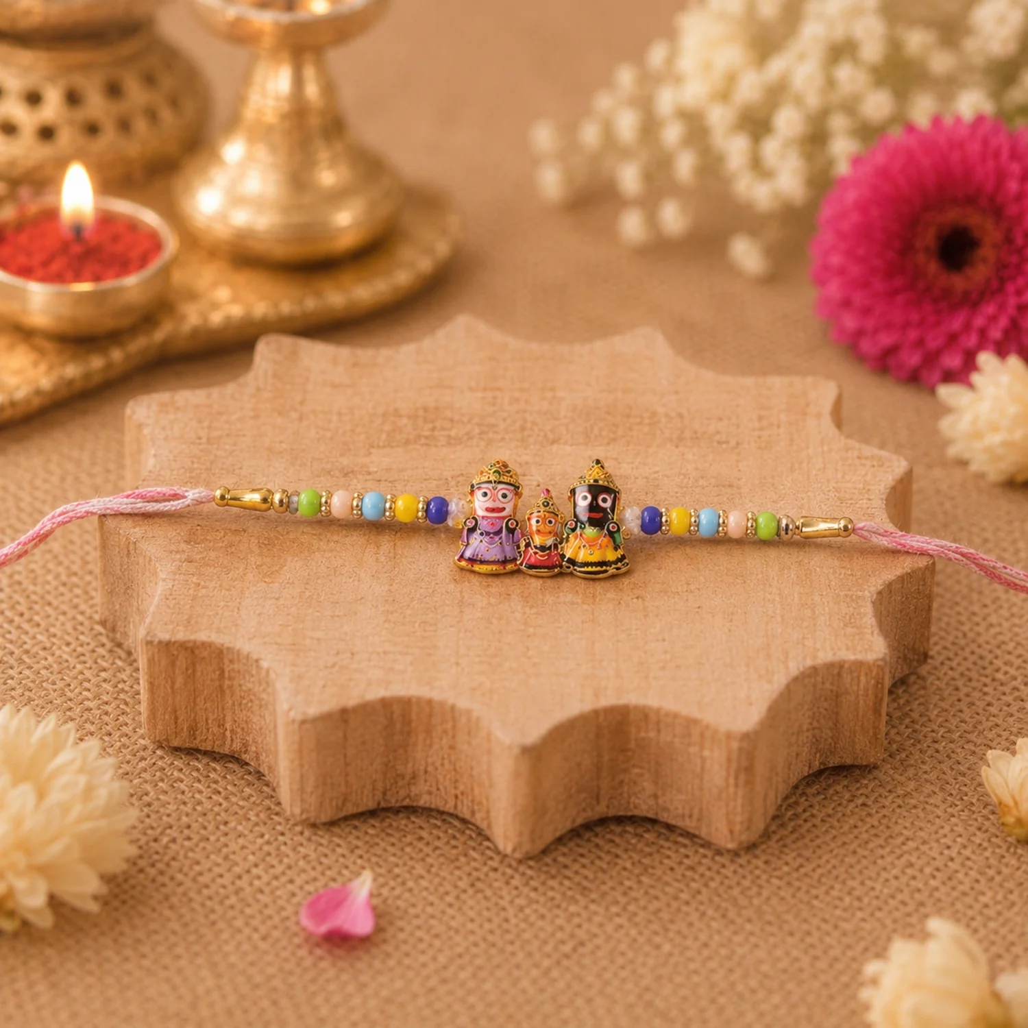 Traditional Designer Rakhi with Jagannath Balabhadra Subhadra Idol (1 Pc) - Image 2