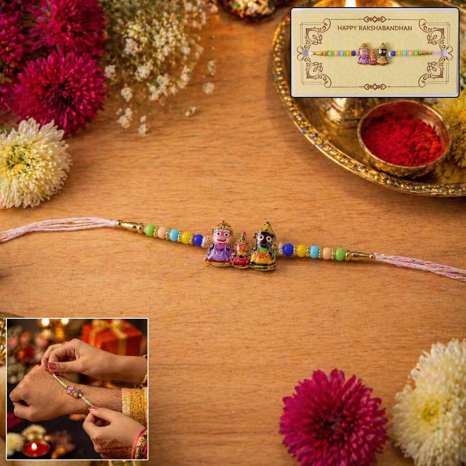 Traditional Designer Rakhi with Jagannath Balabhadra Subhadra Idol (1 Pc) - Image 3