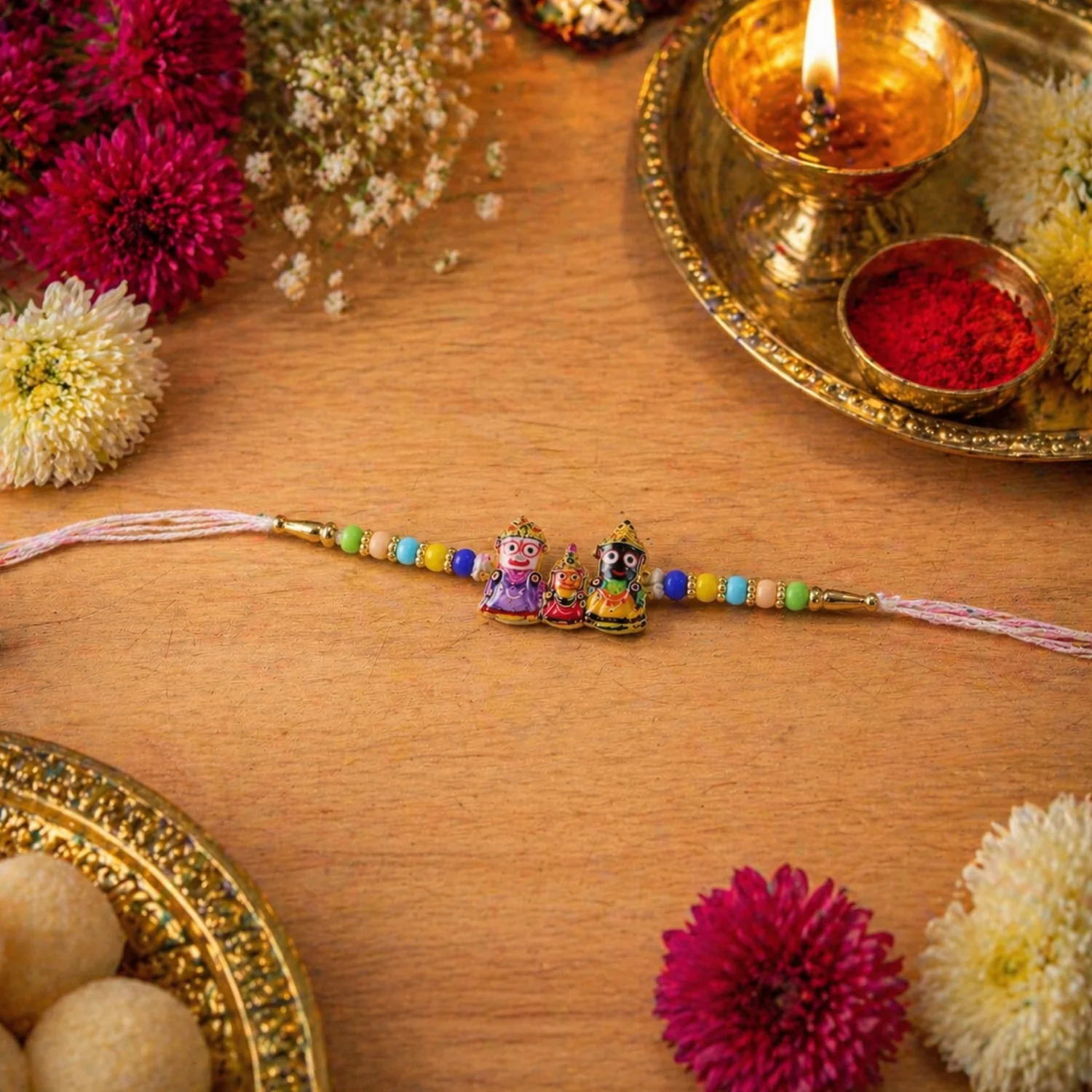Traditional Designer Rakhi with Jagannath Balabhadra Subhadra Idol (1 Pc) - Image 4