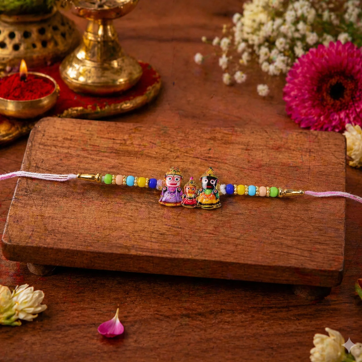 Traditional Designer Rakhi with Jagannath Balabhadra Subhadra Idol (1 Pc) - Image 6