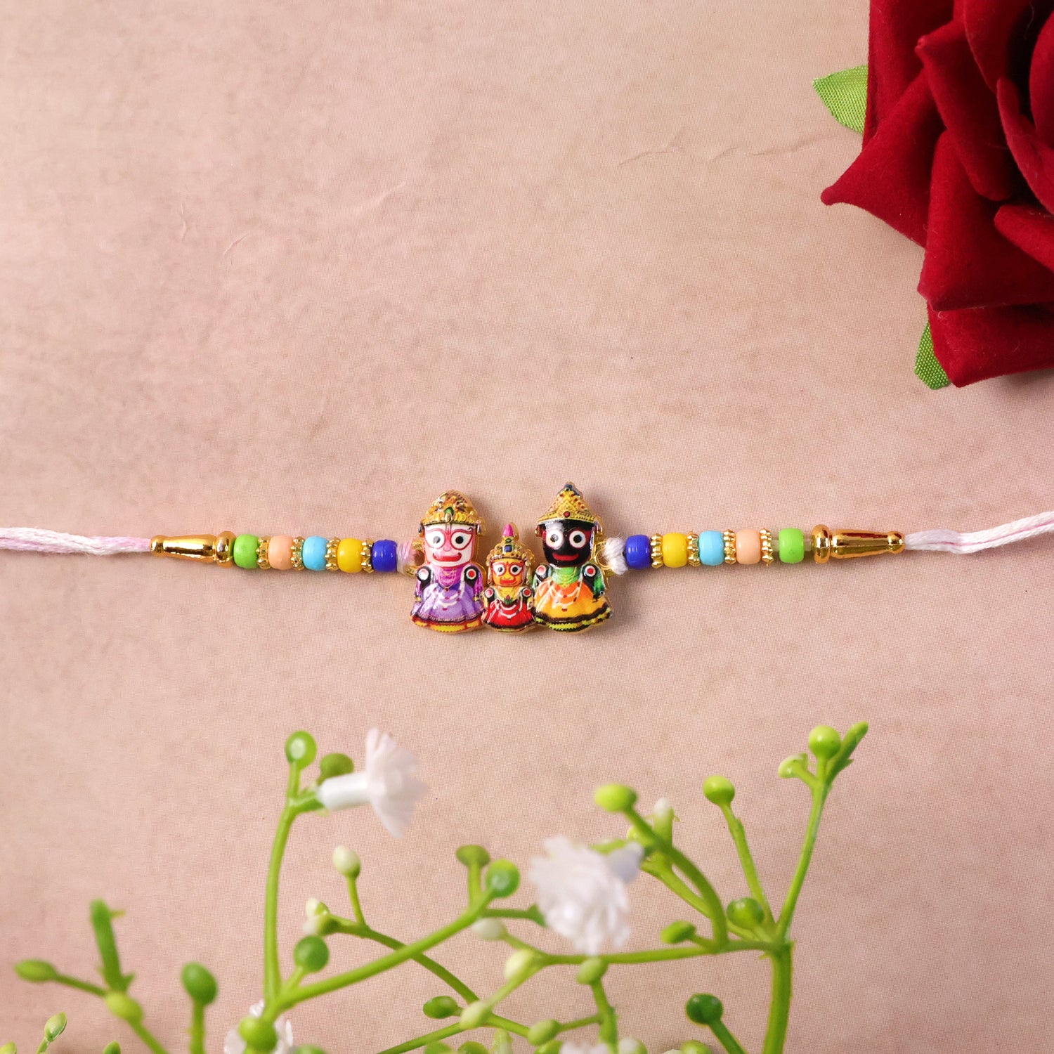 Traditional Designer Rakhi with Jagannath Balabhadra Subhadra Idol (1 Pc) - Image 9