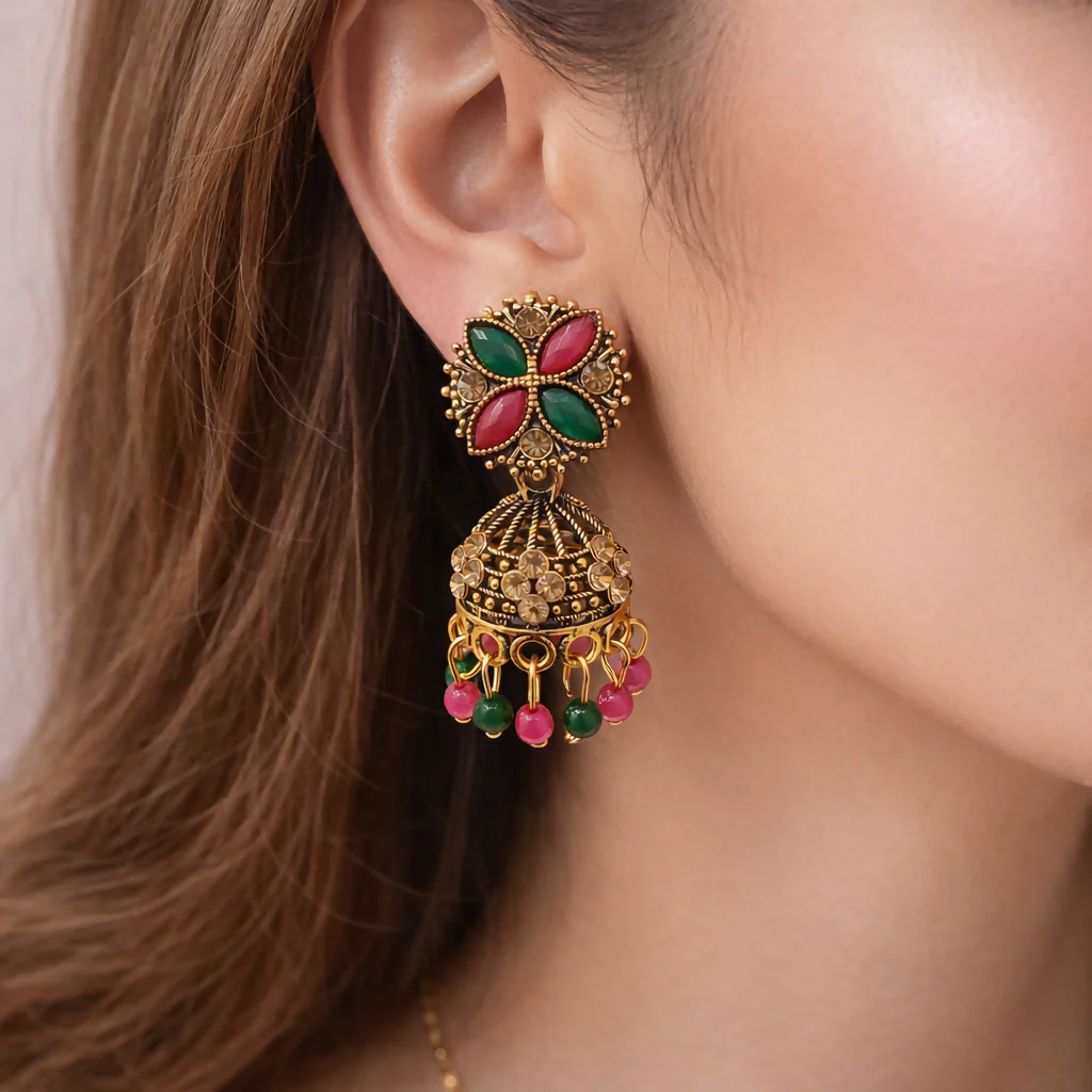 TRADITIONAL ELEGANT OXIDISE MULTI JHUMKA - Image 3