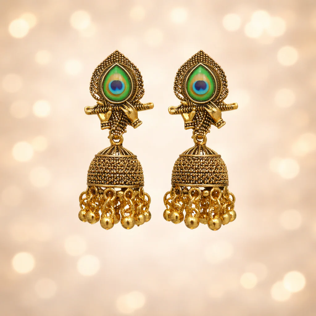 Traditional Elegant Oxidised Gold Plated Peacock Design Jhumka Earrings for Women - Image 2
