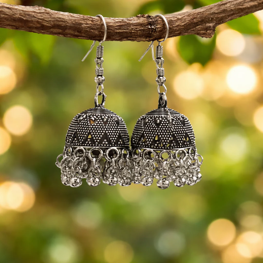 Traditional Elegant Oxidised Hook Jhumka Earrings - Image 2