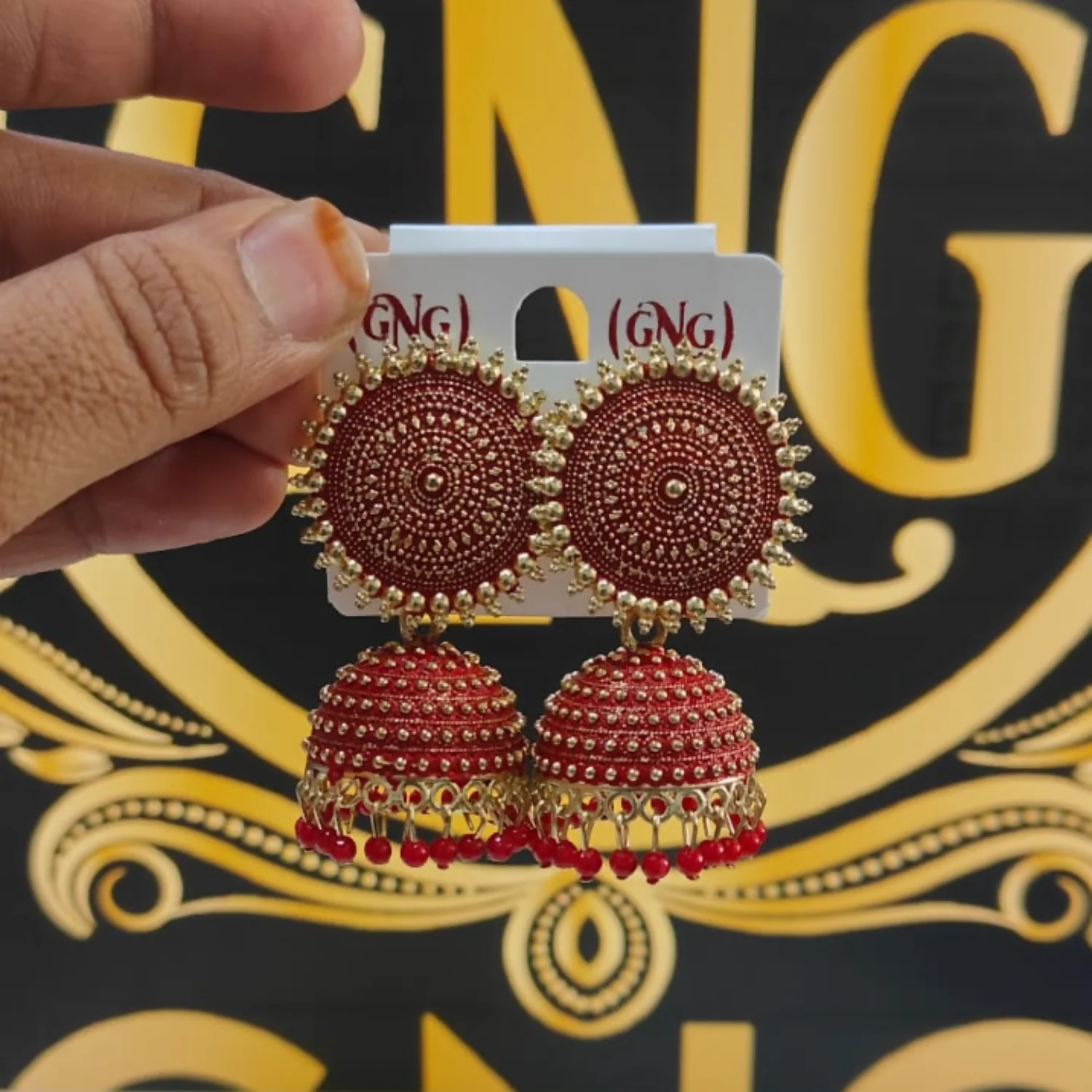TRADITIONAL ELEGANT OXIDISED JHUMKA EARINGS IN RED COLOUR - Image 4
