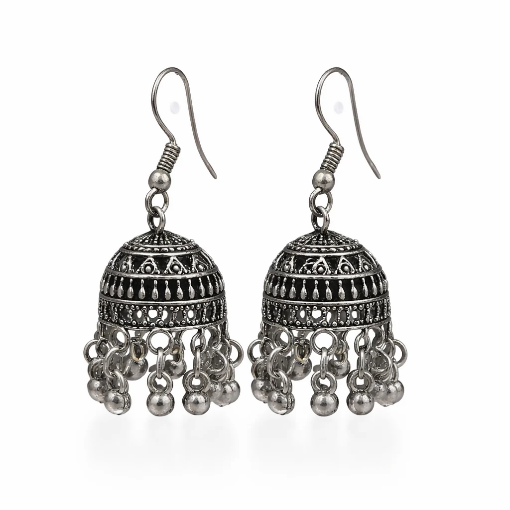 Traditional elegant silver oxidised hook jhumka earrings - Image 3