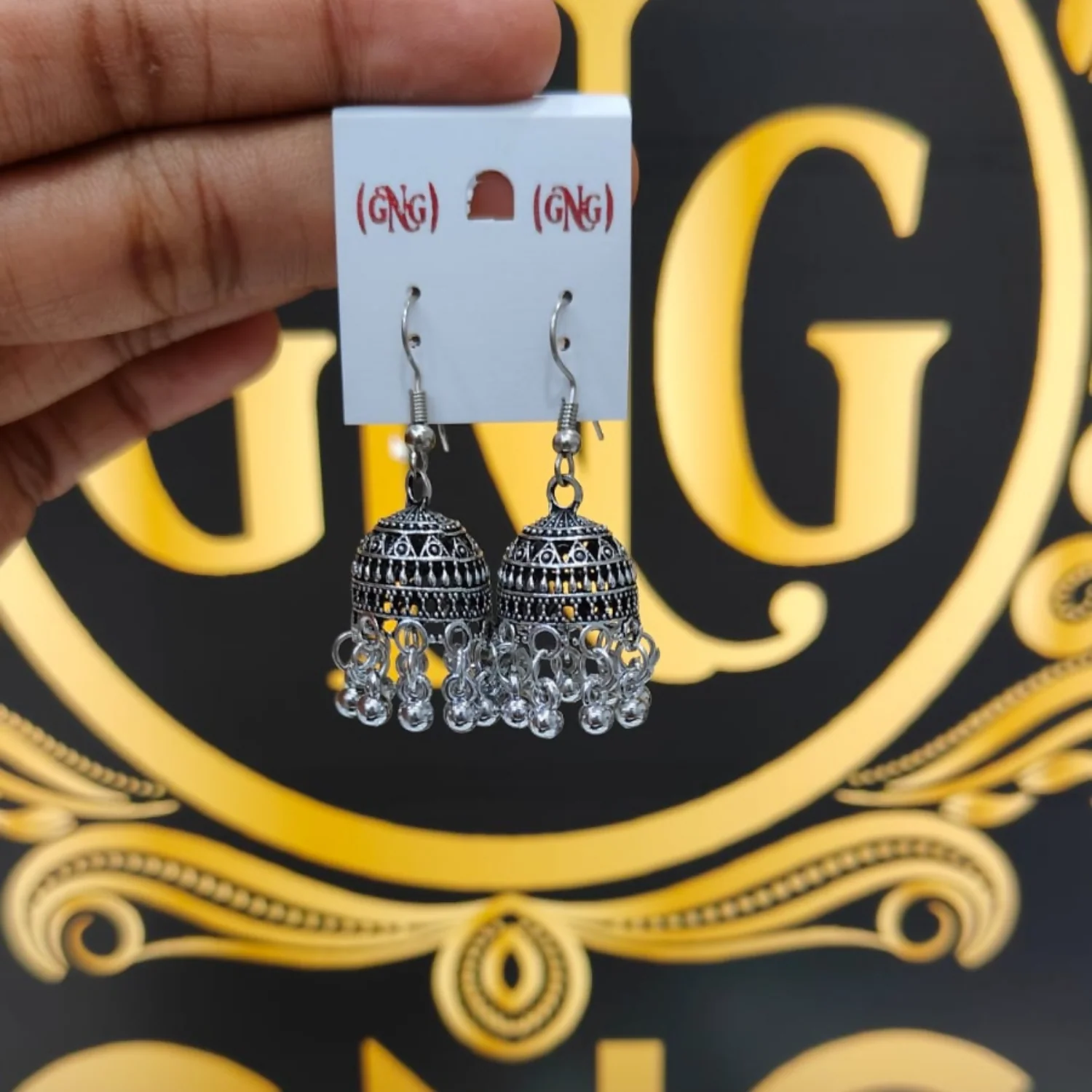 Traditional elegant silver oxidised hook jhumka earrings - Image 4