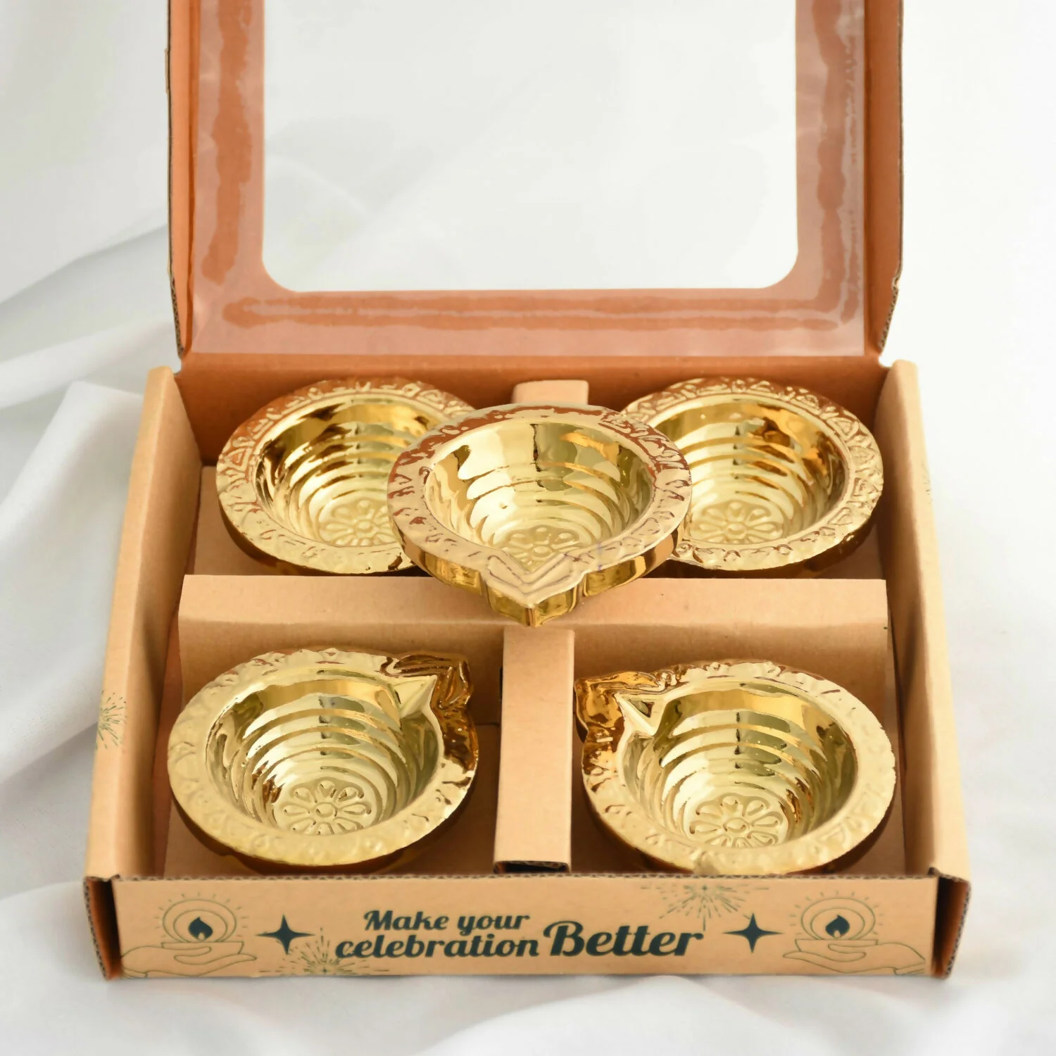 Traditional Engraved Decorative Ceramic Diya with Gold PVD Plating & Antique Metallic Finish (4 Pc) - Image 5