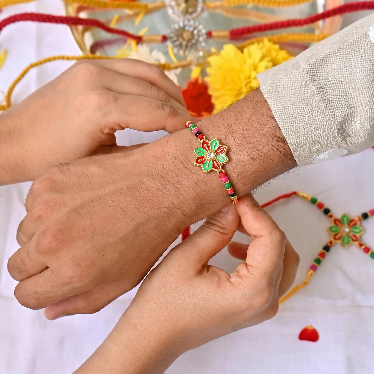 Traditional Floral Design Rakhi (1 Pc) - Image 4