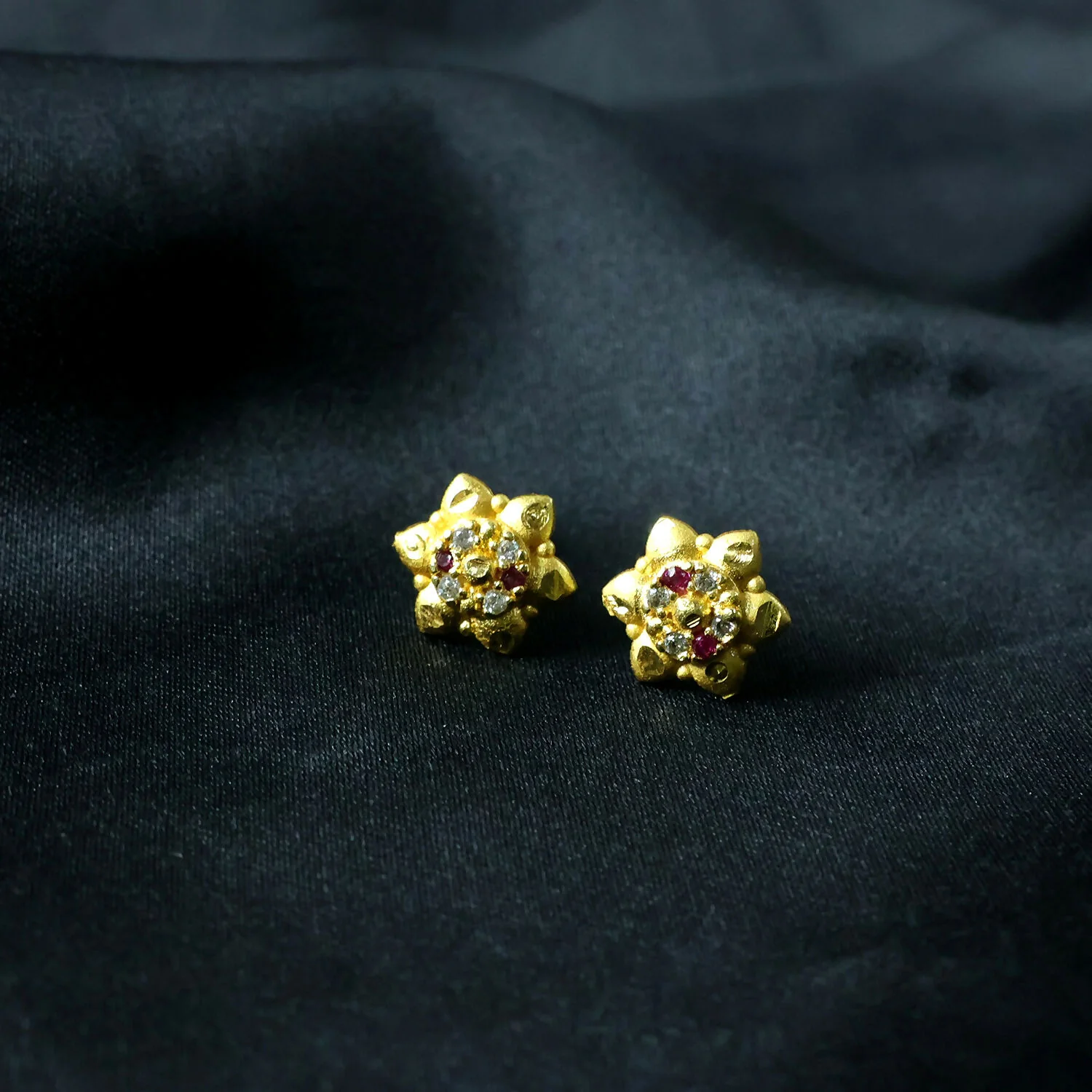 Traditional Floral Gold Stud Earrings with Decorative Stone Setting - Image 2