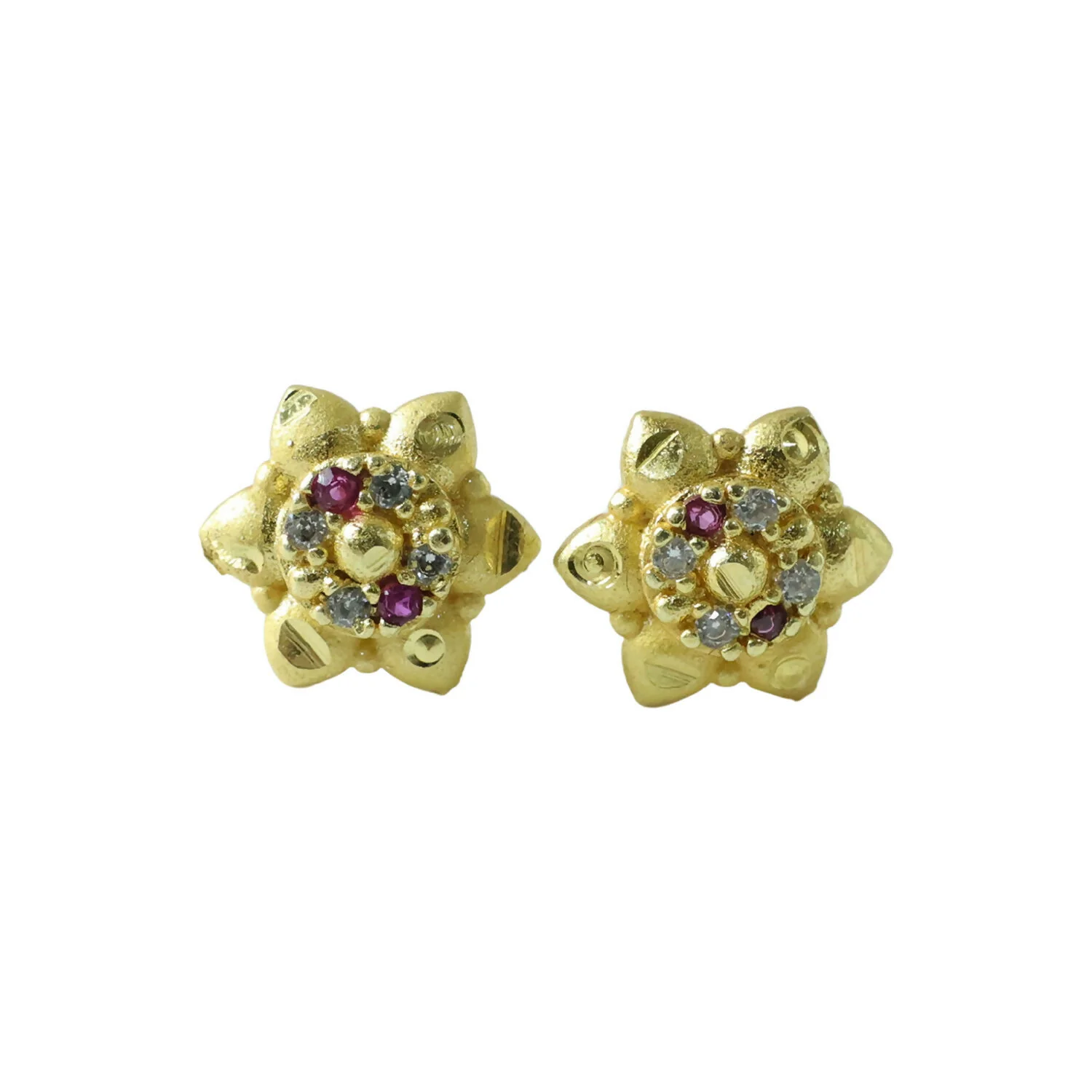 Traditional Floral Gold Stud Earrings with Decorative Stone Setting - Image 4